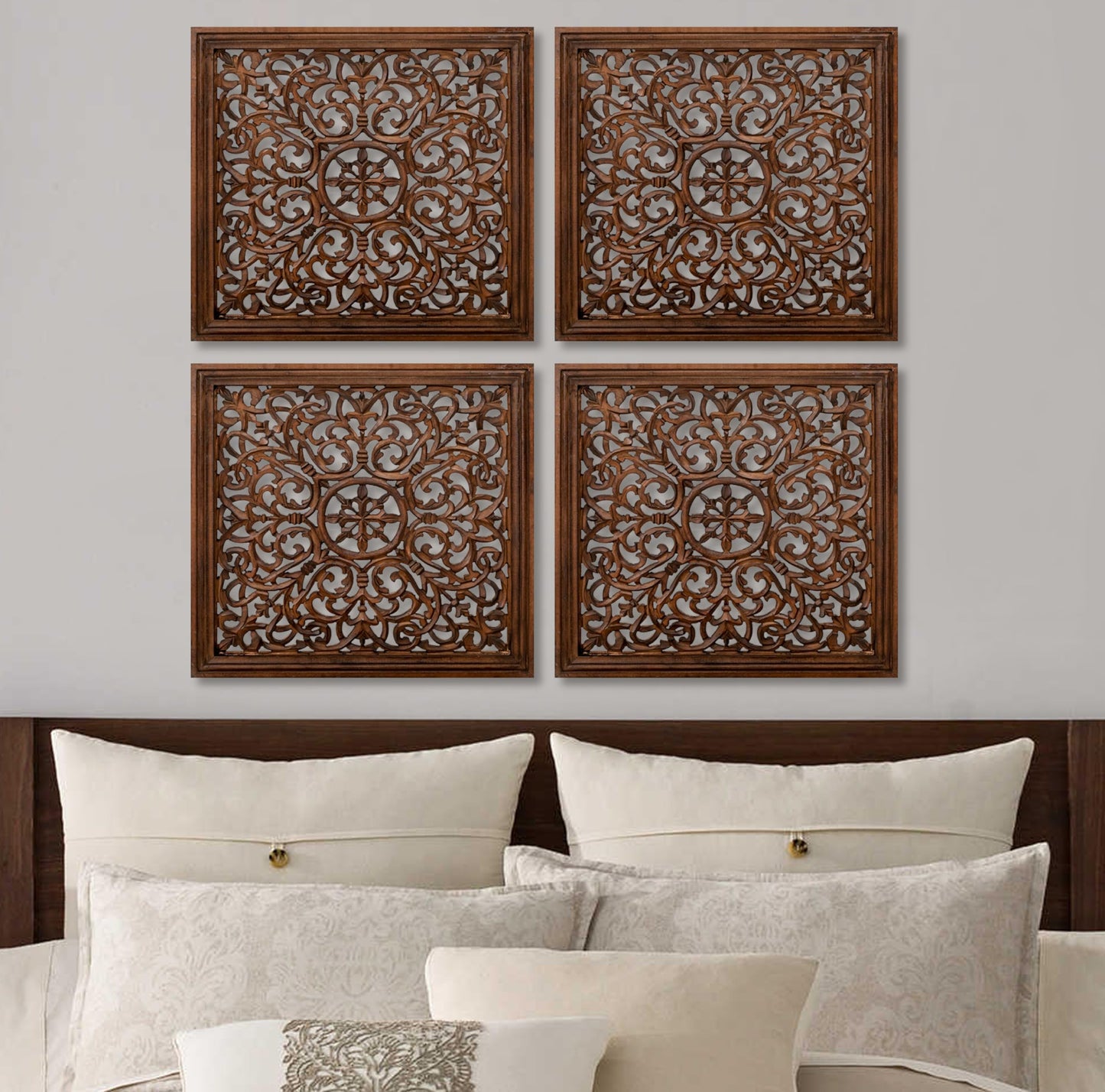 The Wooden Town Kashmiri Wall Décor – Set of 4 (16x16 Inch) | Handcrafted Wooden Wall Panels & Hanging Plaques for Living Room, Home & Office | Burnt Finish Decorative Art for Walls
