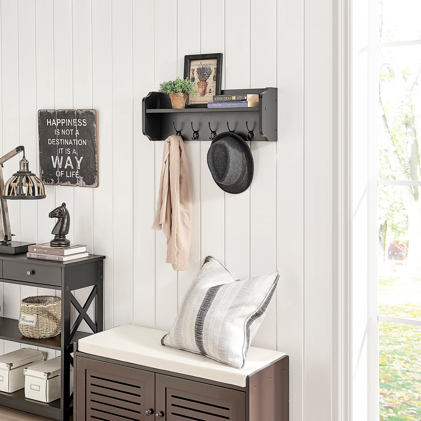 Danya B. Entryway Floating Utility Wall Shelf with Hooks – Wall Mounted (Black)