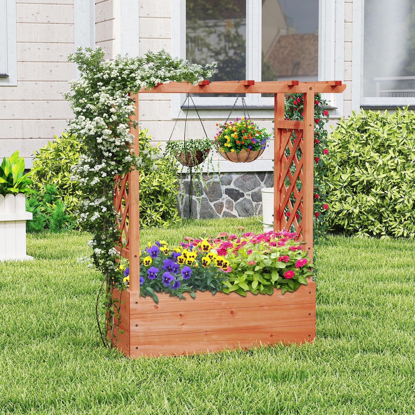 Giantex Raised Garden Bed with 2-Sided Trellis & Hanging Roof, Fir Wood Planter Box w/Drainage Holes, Freestanding Garden Planter for Flowers Herbs Climbing Vines (43"x15"x45")