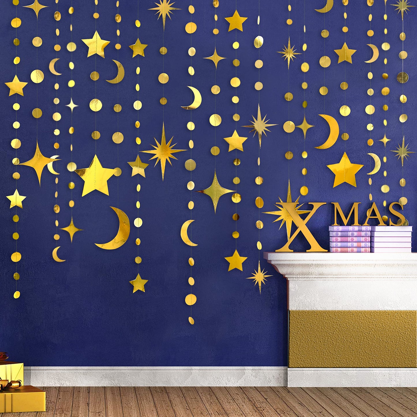 Gold Star Moon Circle Dot Garland Party Decorations Kit Hanging Crescent and Twinkle Little Star Streamer Bunting Banner for Kids Room First Birthday Ramadan EID Mubarak Baby Shower Wedding Engagement