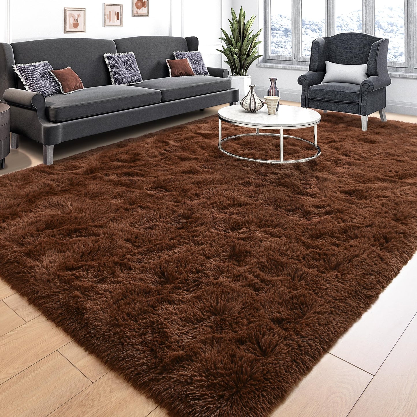 Tepook Super Soft Fluffy Rugs for Living Room, Shag 6x9 Area Rugs for Bedroom, Modern Shaggy Rug Fuzzy Carpets for Kids, Plush Indoor Nursery Home Decor Rug with Non-Slip Bottom, Brown
