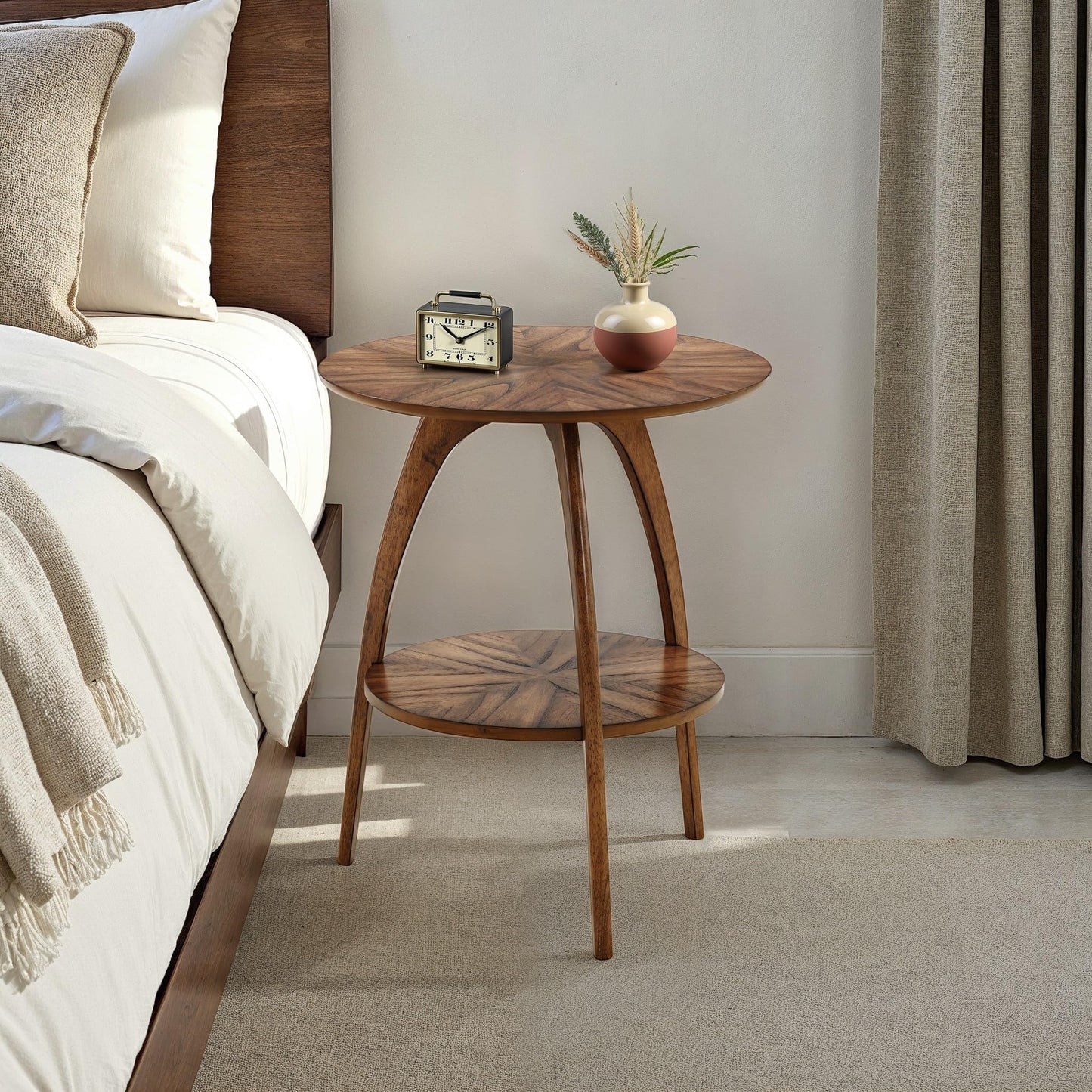 Martin Svensson Home Retro Mid-Century Modern Round Wood End Table, Solid Grain Side Table with Lower Shelf, Small Accent Table for Living Room or Nightstand. Nutmeg Brown.