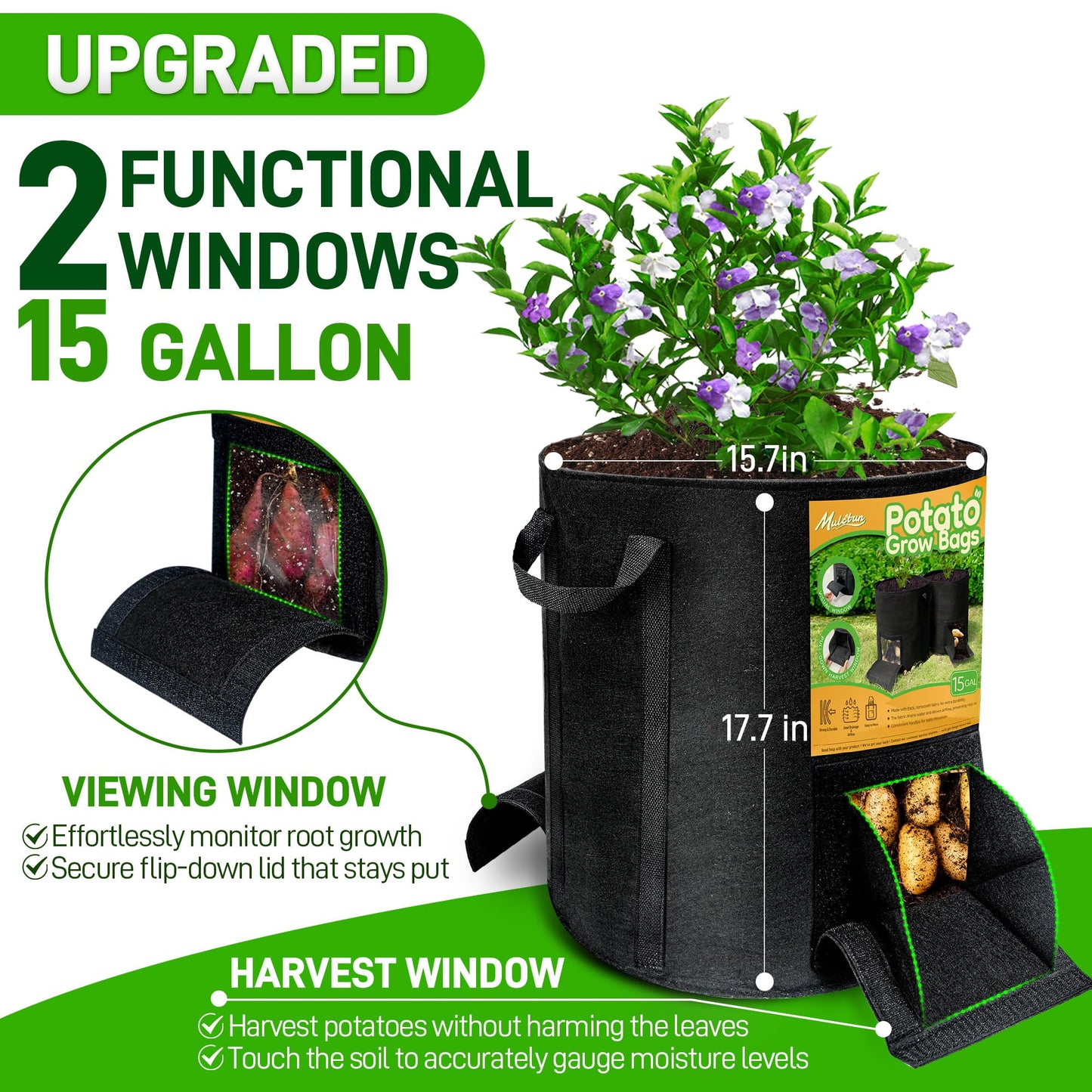 8 Pcs 15 Gallon Potato Grow Bags with Harvest & Visible Windows, Thickened Nonwoven Fabric Potato Planter,Potato Growing Containers with Sturdy Handles, Potato Bags for Growing Potatoes Vegetables
