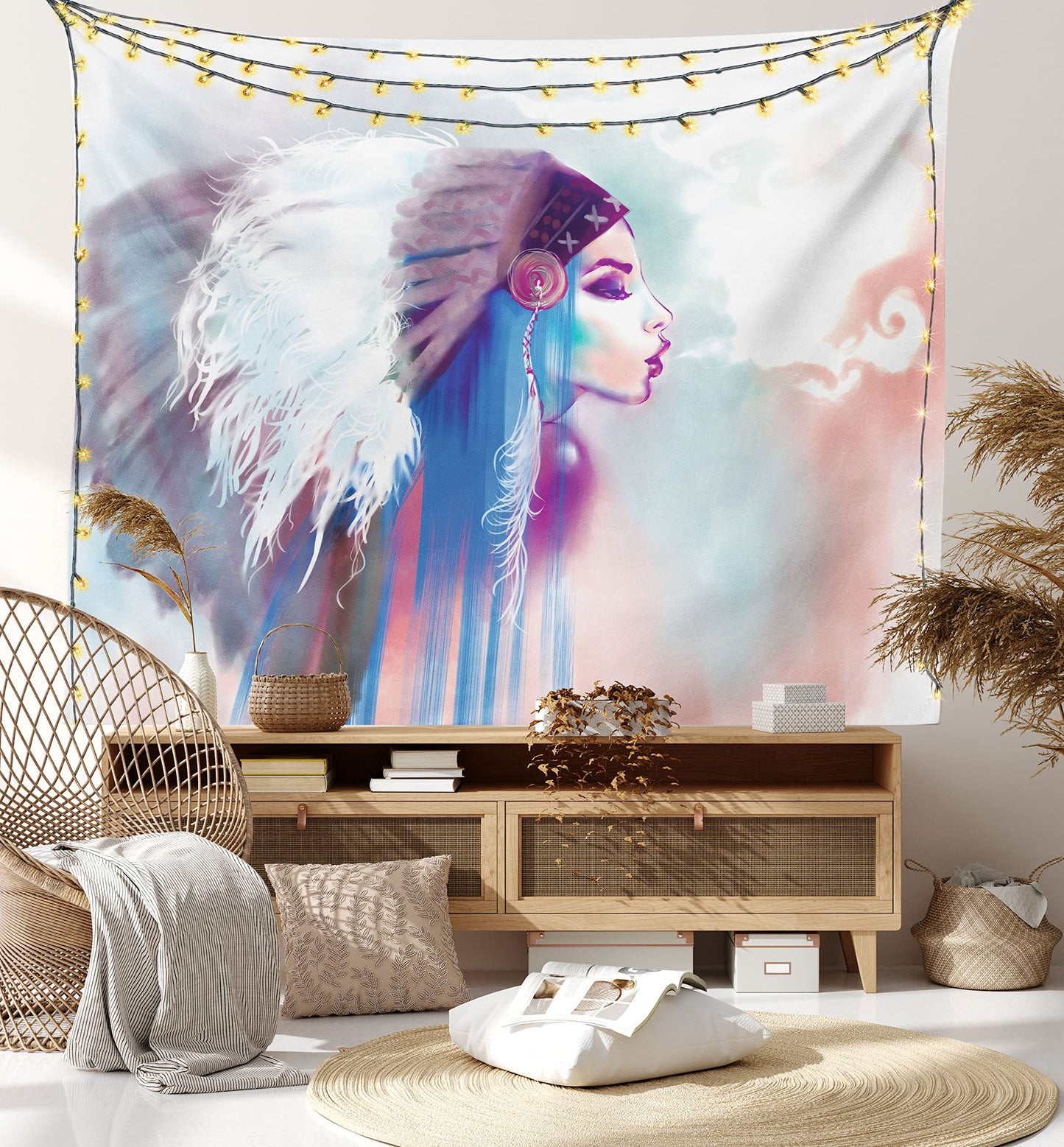 Ambesonne Tribal Tapestry, Girl Smoking Traditional Clothes Abstract Watercolor Background Illustration, Wide Wall Hanging for Bedroom Living Room Dorm, 60" X 40", Multicolor Purple