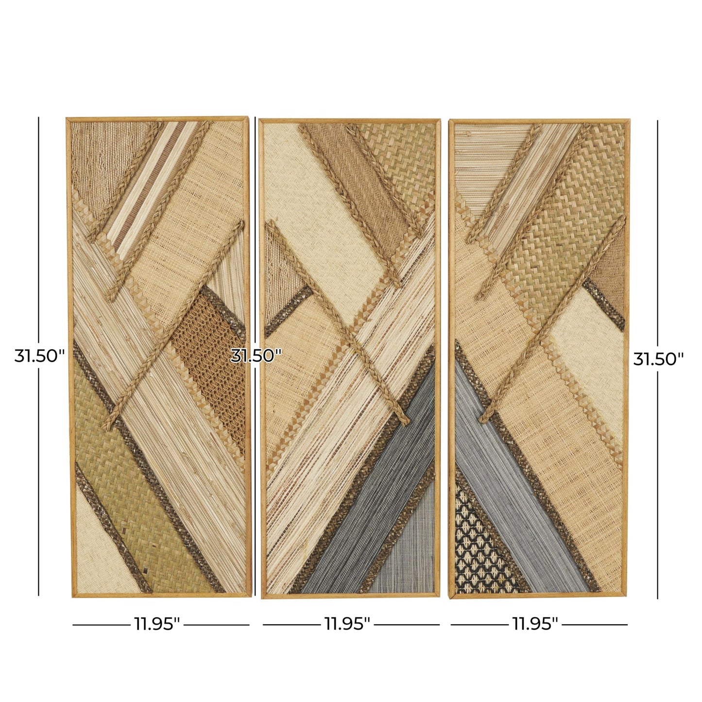 Deco 79 Wooden Geometric Handmade Home Wall Decor Textured Mixed Media Diagonal Wall Sculpture, Set of 3 Wall Art 12" W, 32" H, Brown