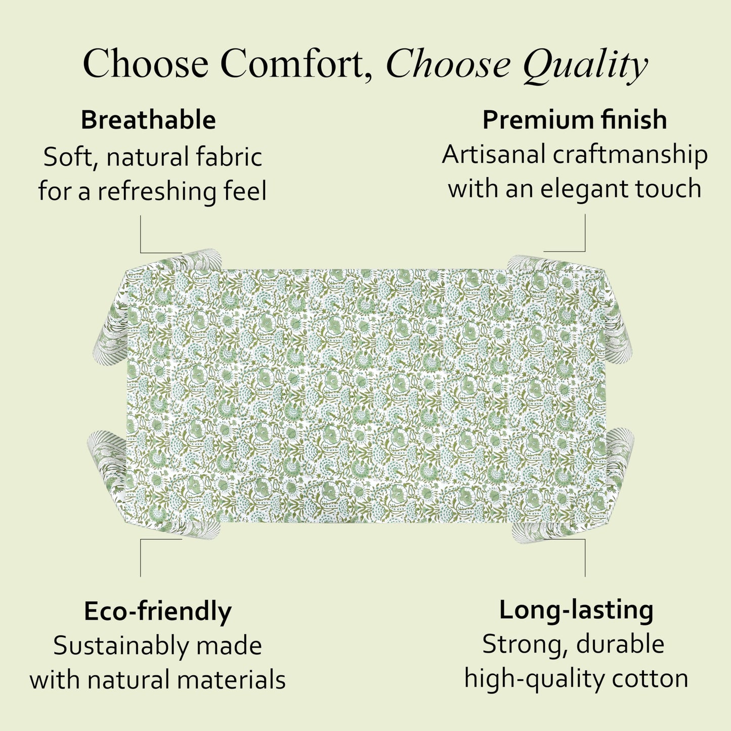 CPC Tablecloth 100% Cotton 60x90 Inch Indian Block Print Rectangle Table Cover, Washable Table Cloth for Weddings, Spring/Summer, Barbeque - Agate Green