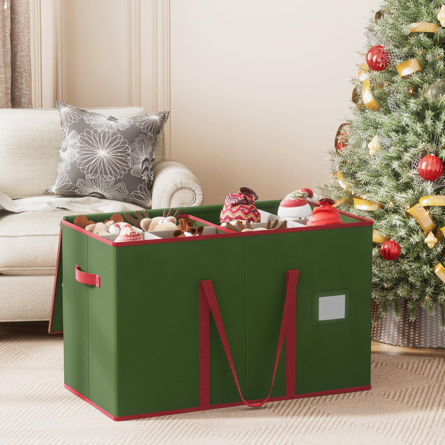 Christmas Figurine Storage Box for 15-Inch Figurines and Nutcrackers, Holiday Decor Organizer with Adjustable Dividers, 8 Slots and 2 Pockets, Dual Zippers, 600D Oxford, 24.8"x12.2"x15.2" ,Green