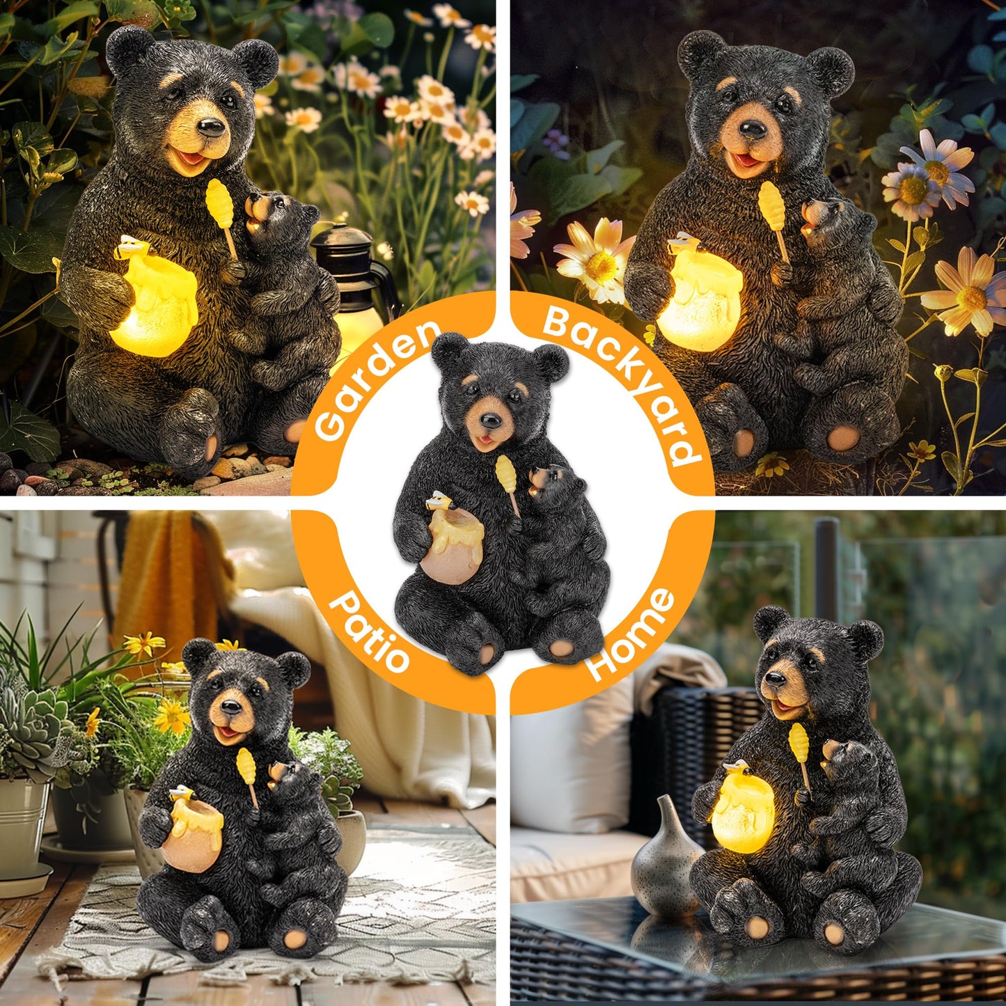 GIGALUMI Solar Garden Statues Bears 9", Loving Black Bear Decor, Yard Decorations Outdoor, Bear Figurine Lights for Outside, Garden Decor Unique Birthday Housewarming Gifts for Women, Mom