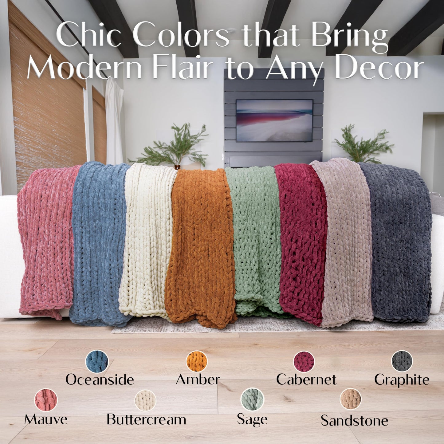 SAMIAH LUXE Chunky Knit Blanket Throw 50x70, Cream Chenille Chunky Knit Throw Blanket for Living Room Decor or Boho Decor, Thick Yarn Knitted Blankets for Couch or Bed, Cable Knitted Crochet Blankets
