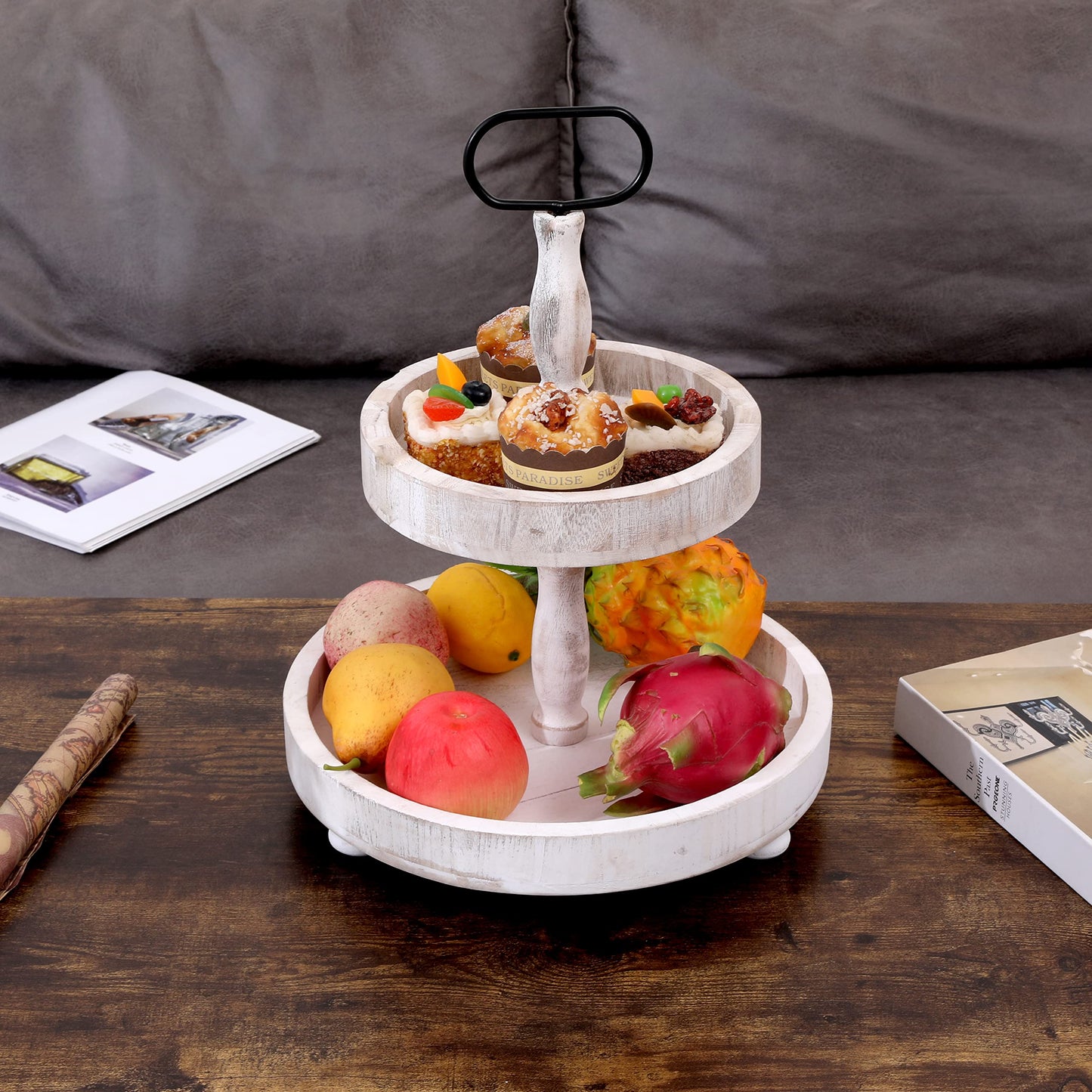2 Tier Tray Rustic Cake Stand Farmhouse Kitchen Decor Centerpiece,Farmhouse Serving Tray with Handle for Coffee Bar