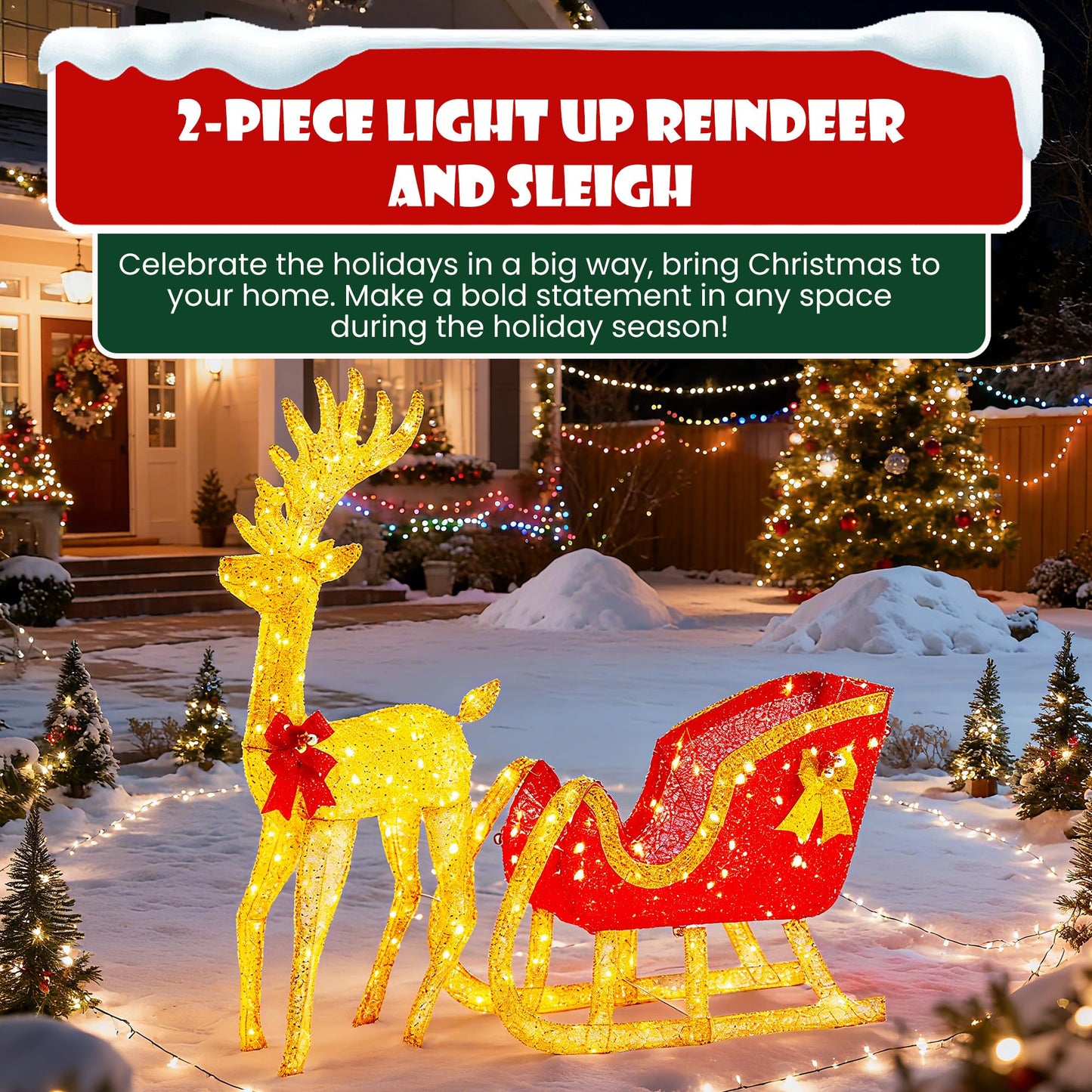 Sweetcrispy 4 FT Lighted Christmas Reindeer & Santa Sleigh Set, Family Outdoor Indoor Xmas Pre-Lit Yard Decoration w/ 180 LED Lights, Holiday Deer & Sled for Garden Lawn Patio Display, Gold-Red