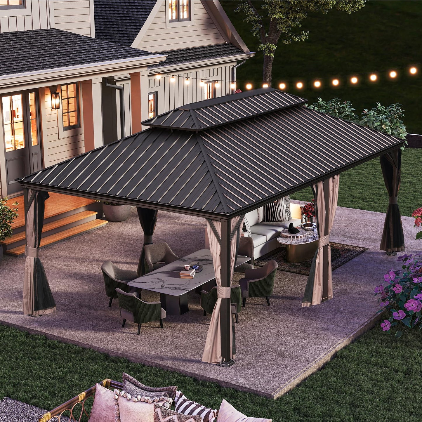 Domi 14x24FT Outdoor Gazebo, Hardtop Gazebo with Galvanized Steel Double Roof, Metal Gazebos with Drainage System Patio Pergola for Patio Deck Backyard,Curtain and Netting,Brown
