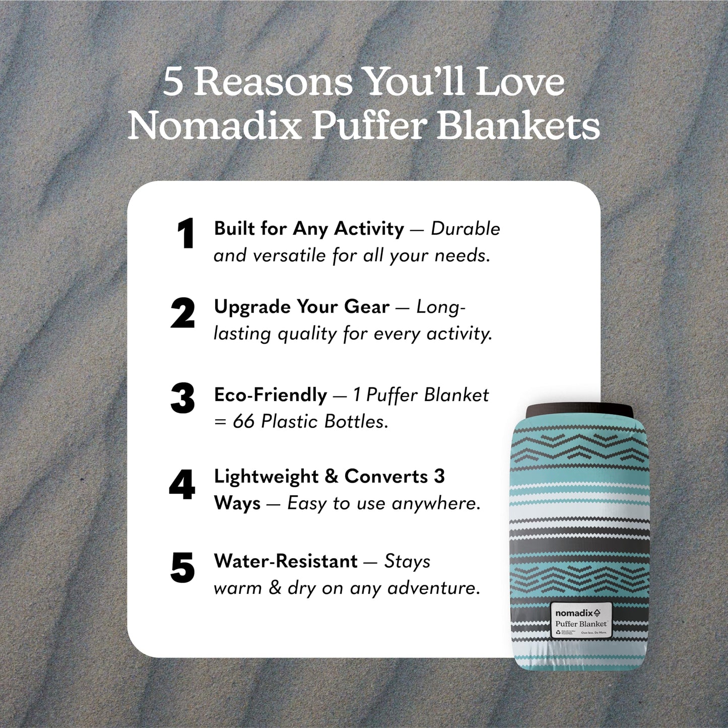 Nomadix Puffer Blanket – Water-Resistant, Eco-Friendly Insulated Blanket with Snaps for Camping, Beach, and Travel, Made from Recycled Materials