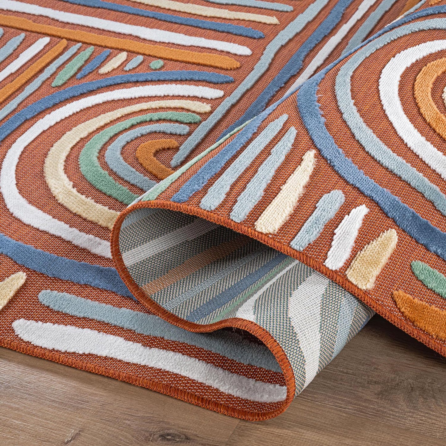 CAMILSON Indoor Outdoor Rug, Orange 6x9 Geometric Arch Striped Area Rugs for Patio and Home Areas, Easy-Cleaning Non-Shedding Living Room, Garden and Deck Washable Outside Carpet (6 x 9)