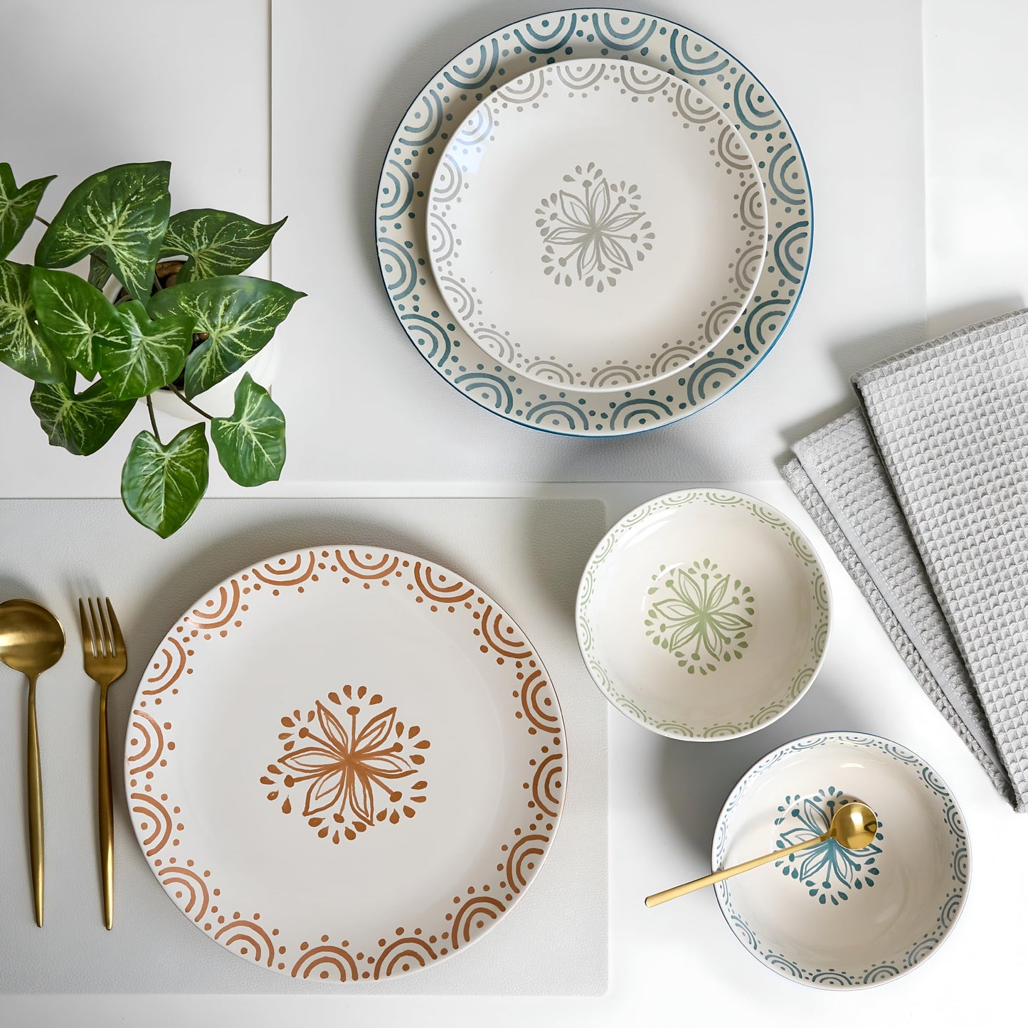 Sango 12-Piece Speckled Stoneware Dinnerware Set for 4- Glossy Plates and Bowls Set with Hand-Painted Floral Pattern, Rustic Ceramic Dish Set, Elegant Dishes for Everyday Dining, Siterra Glazed Garden