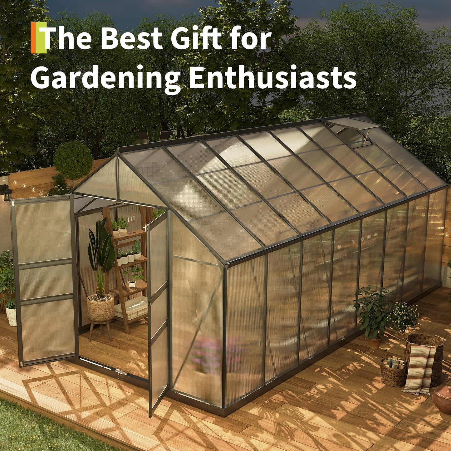 GarveeLife 8*16 ft Outdoor Walk-in Greenhouse, Polycarbonate Green House, Heavy Duty Greenhouse with Vented Roof Window, Windproof Aluminum Frame, Suitable for Outside Gardening, Backyard, Patio