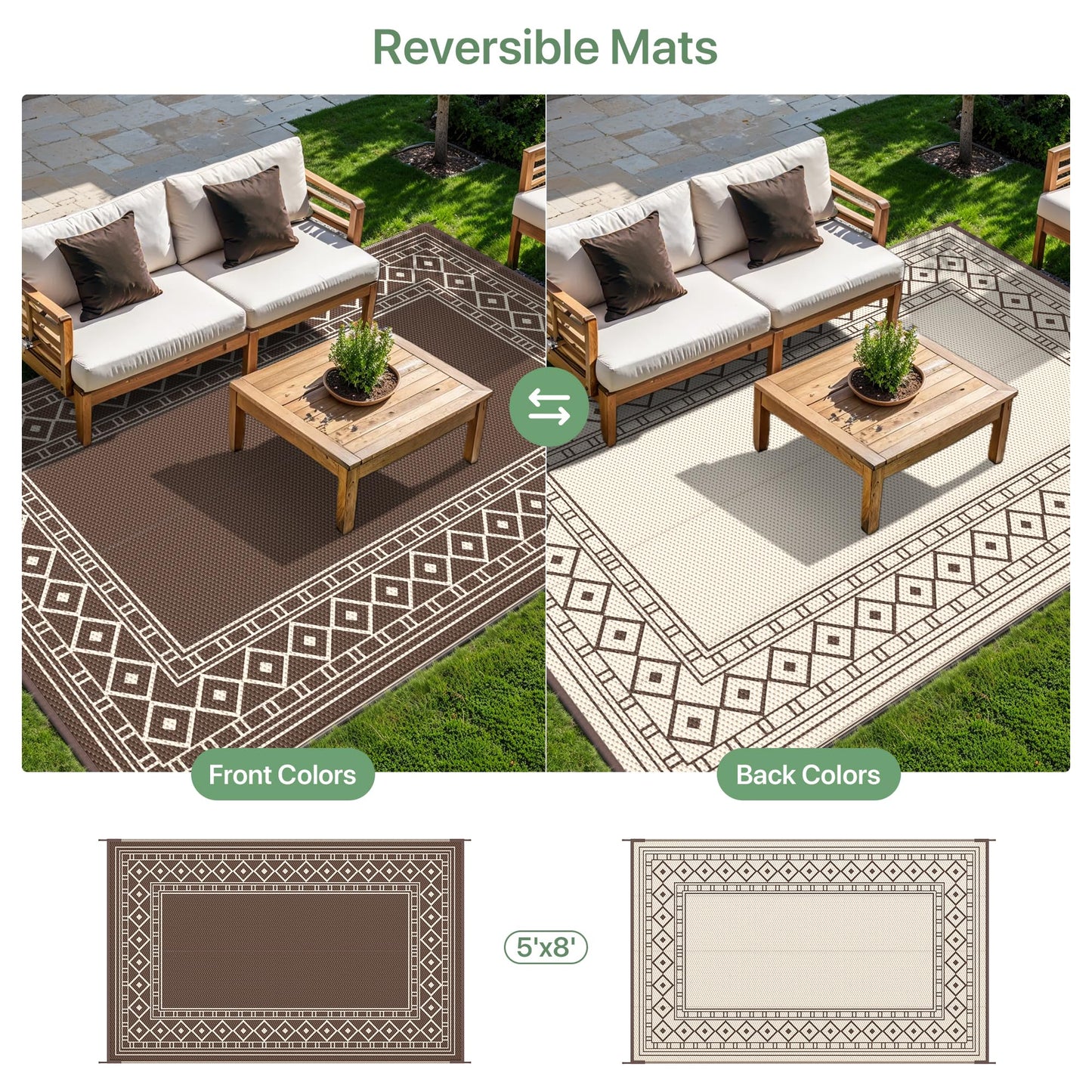 GENIMO Outdoor Rug Waterproof for Patio Decor, 5'x8' Reversible Plastic Straw Rug Carpet, Camping Mat for Outdoor, RV, Backyard, Deck, Balcony, Picnic, Beach, Coffee & Beige
