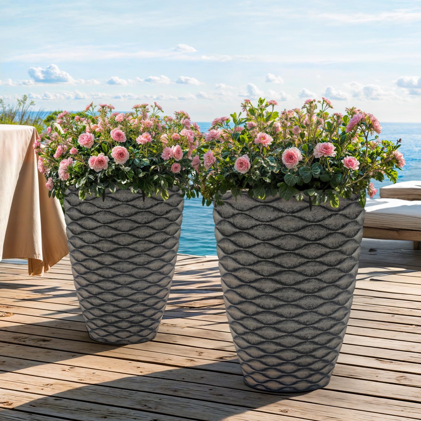 Ultym 19" H Coastal Planter for Indoor/Outdoor Plants, Set of 2 Large Flower Pot with Drainage Hole, Weather-Resistant Resin Planters for Garden Patio Porch Home Office Decor, Rustic Black Wavy