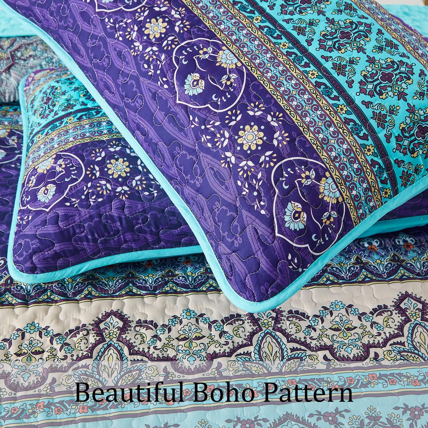 WONGS BEDDING Boho Queen Quilt Set, Blue Purple Bohemian Queen Quilt Bedding Set, Lightweight Microfiber Bed Decor Bedspread for All Season 96"x90"(3 Pieces)