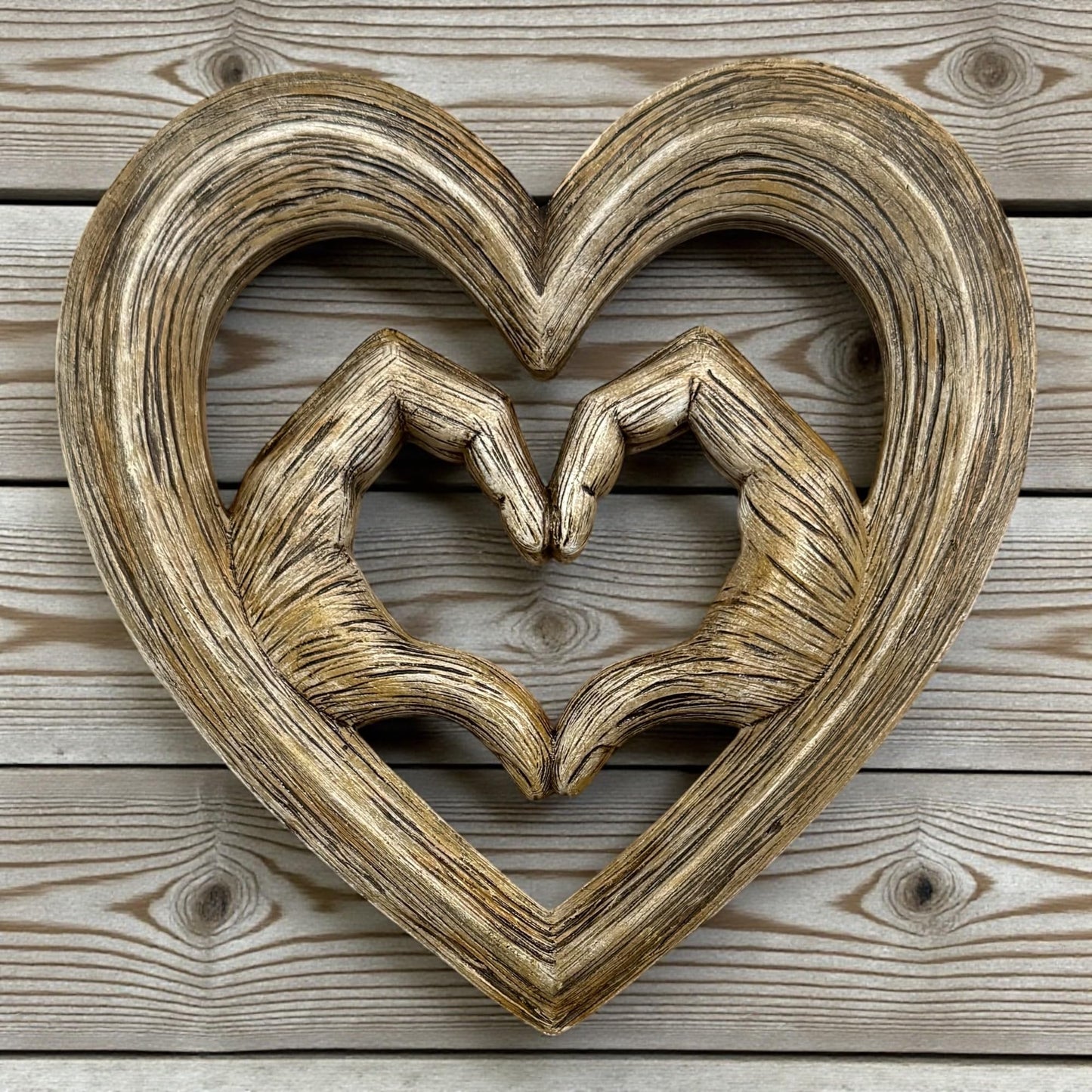 Top Brass Heart Hands Wall Decor – Romantic Resin Heart Sculpture, 8 1/8" x 8 1/8” – Symbolic Love Wall Art with Sawtooth Hanger – Wood Grain, Matte Black, Rustic Bronze, Antique Silver Finish (Wood Grain)