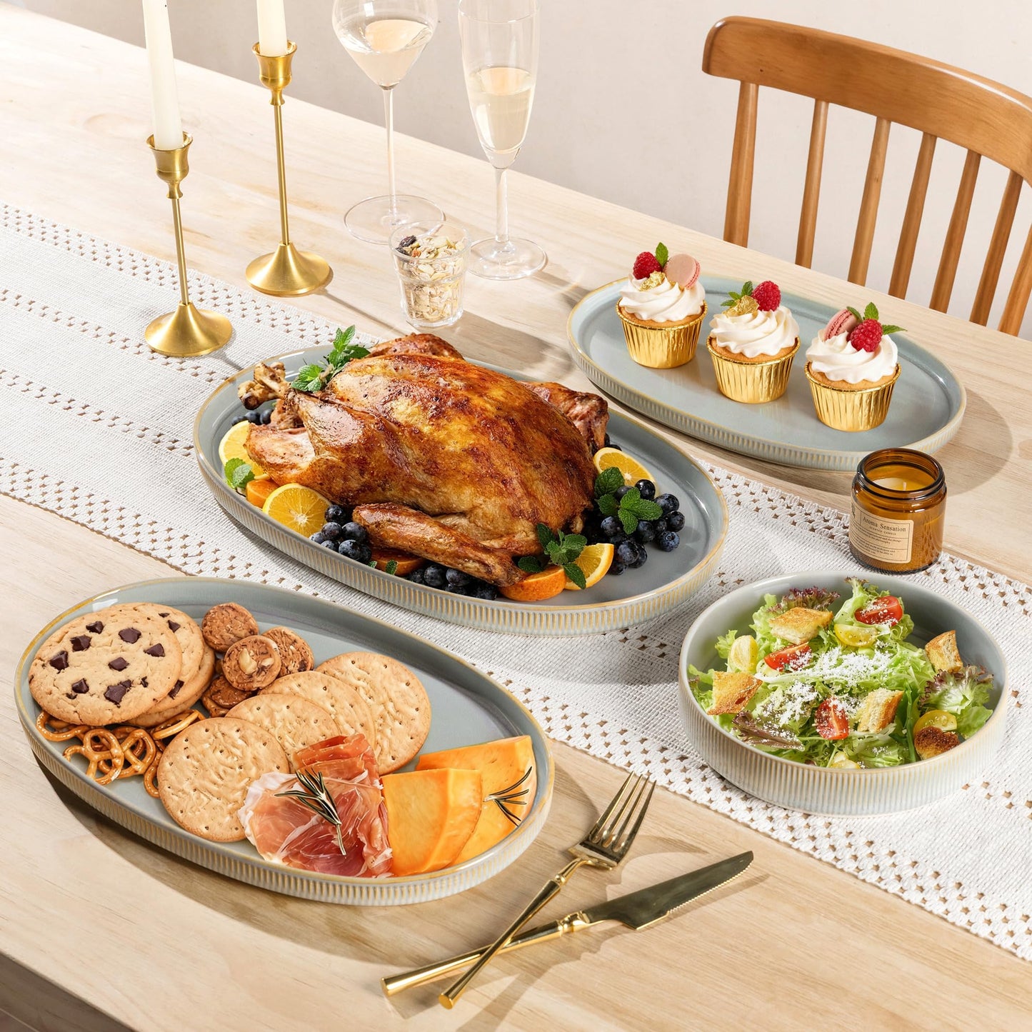 theterra Ceramic Serving Platter, 15.6"/14.4"/12.2" Oval Serving Dishes for Entertaining, Oven Safe, Microwave Safe, Serving Plates Set of 3 for Wedding, Party, Turkey, Desert Sage