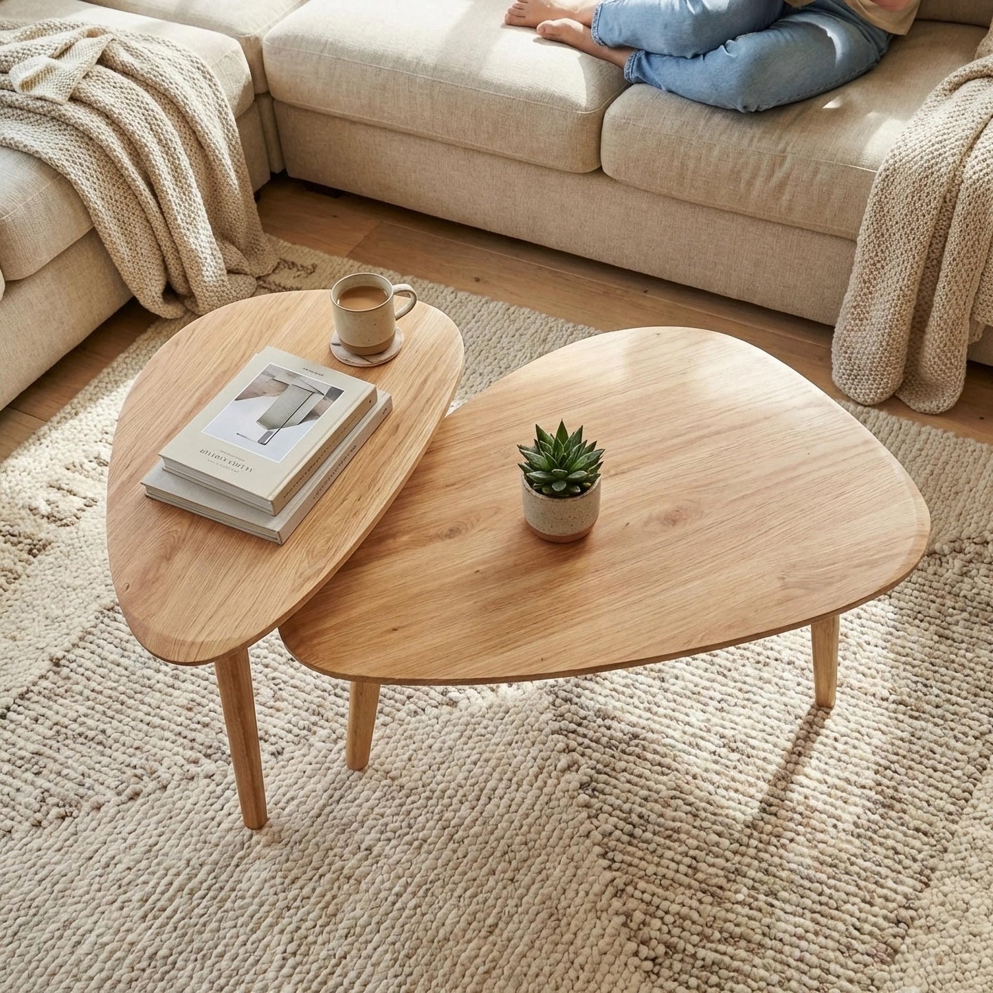 DURISEN Nesting Coffee Table Set of 2-Mid Century Modern Guitar Pick Stacking Tables with Solid Wood Legs-Waterproof Triangle Center Side End Table for Small Living Room,Apartment,Balcony (Natural)