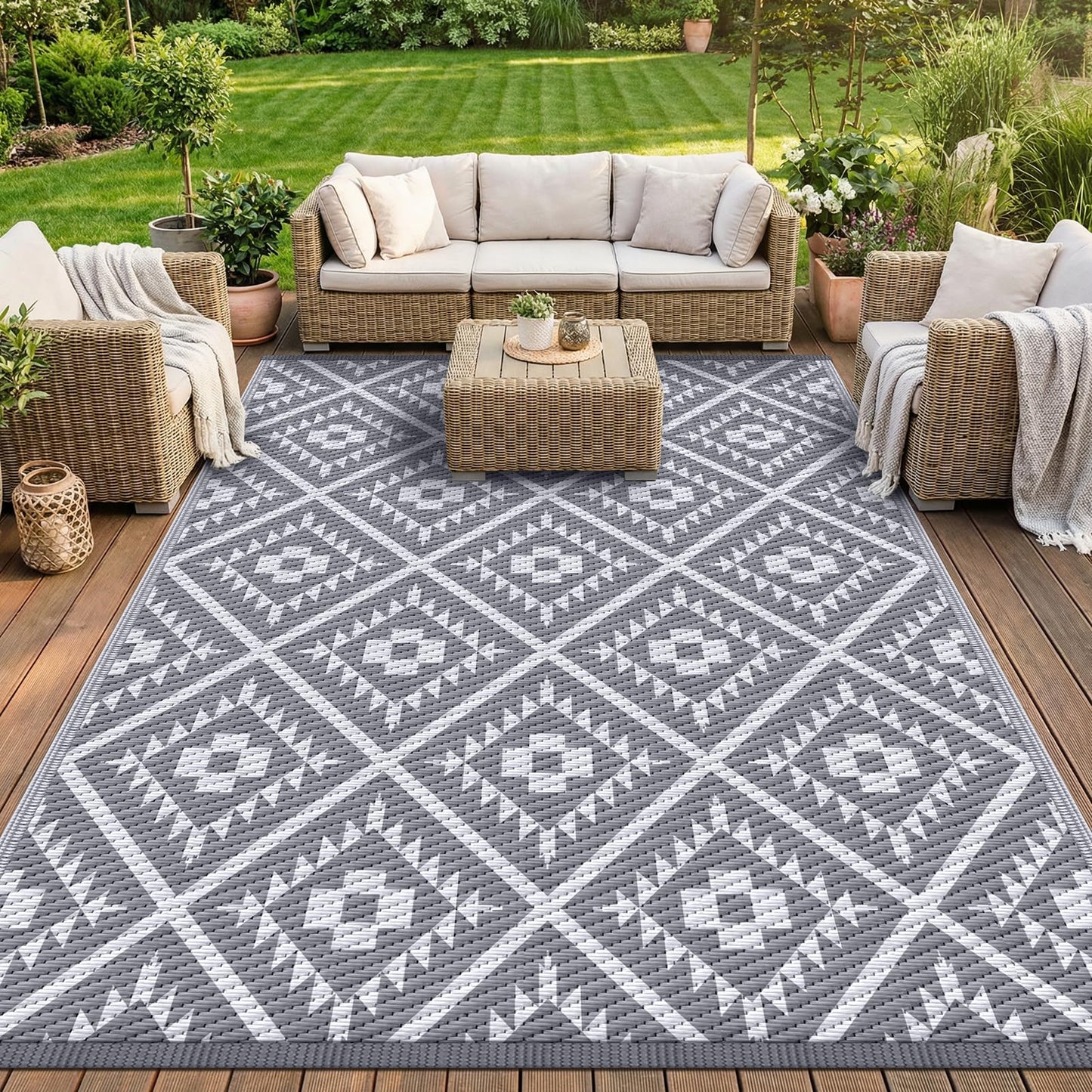 COOLTOP 8'x10’ Outdoor Rug for Patios Porches, Waterproof Plastic Camping Rugs, Modern Reversible Mat, Large Area Rugs for Backyard, Deck, RV, Balcony, Picnic, Beach, Grey & White