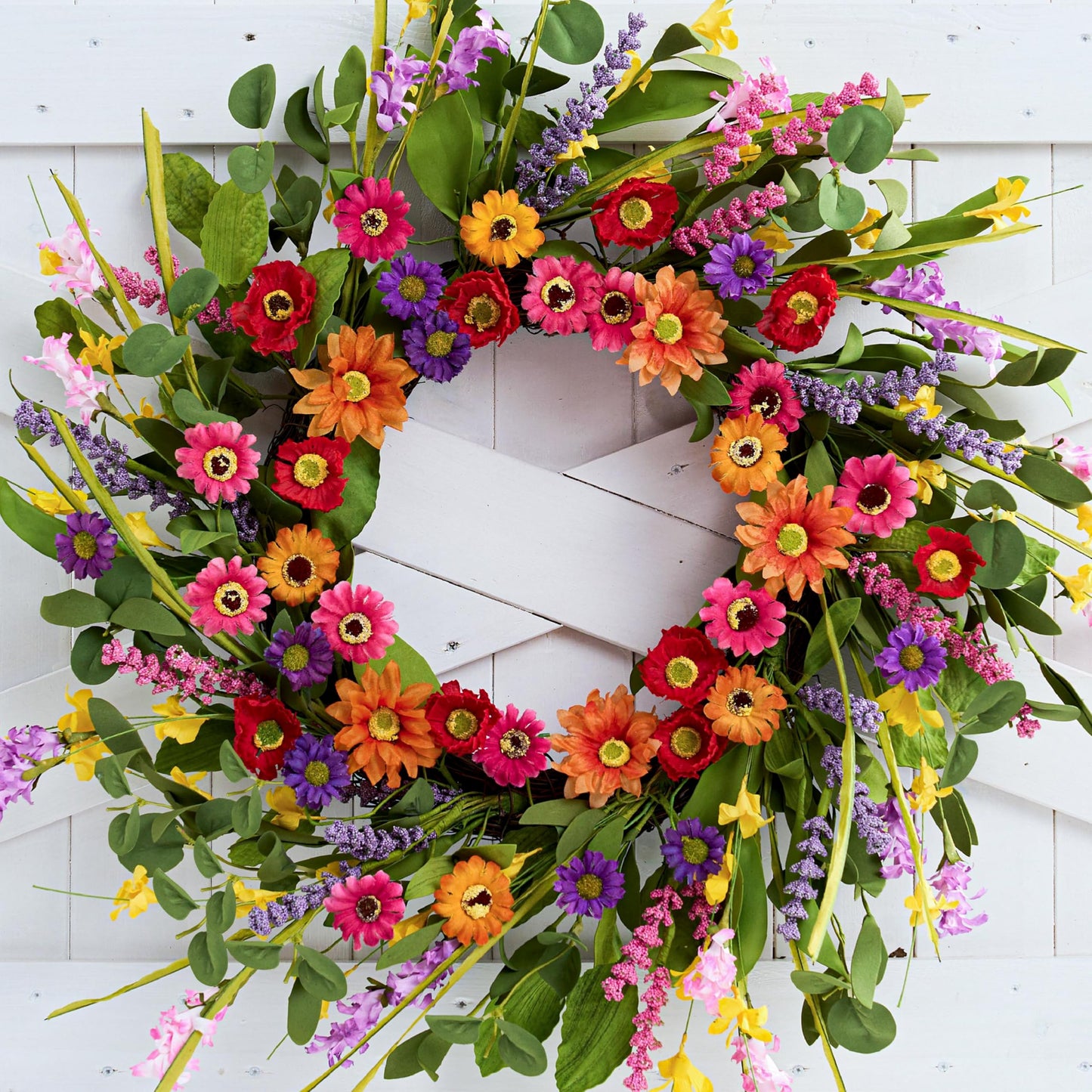 WSTPUPU Artificial Spring Wreath 22 Inch Summer Wreaths for Front Door with Green Eucalyptus Leaves Pink Daisy Lavender Spring Door Wreath for Farmhouse Wall Wedding Home Porch Easter