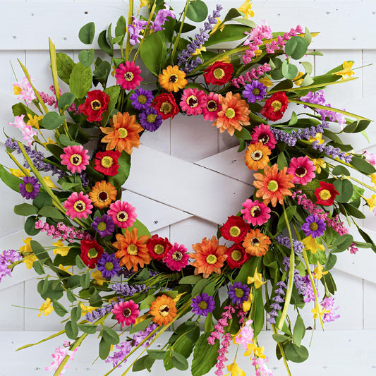 WSTPUPU Artificial Spring Wreath 22 Inch Summer Wreaths for Front Door with Green Eucalyptus Leaves Pink Daisy Lavender Spring Door Wreath for Farmhouse Wall Wedding Home Porch Easter