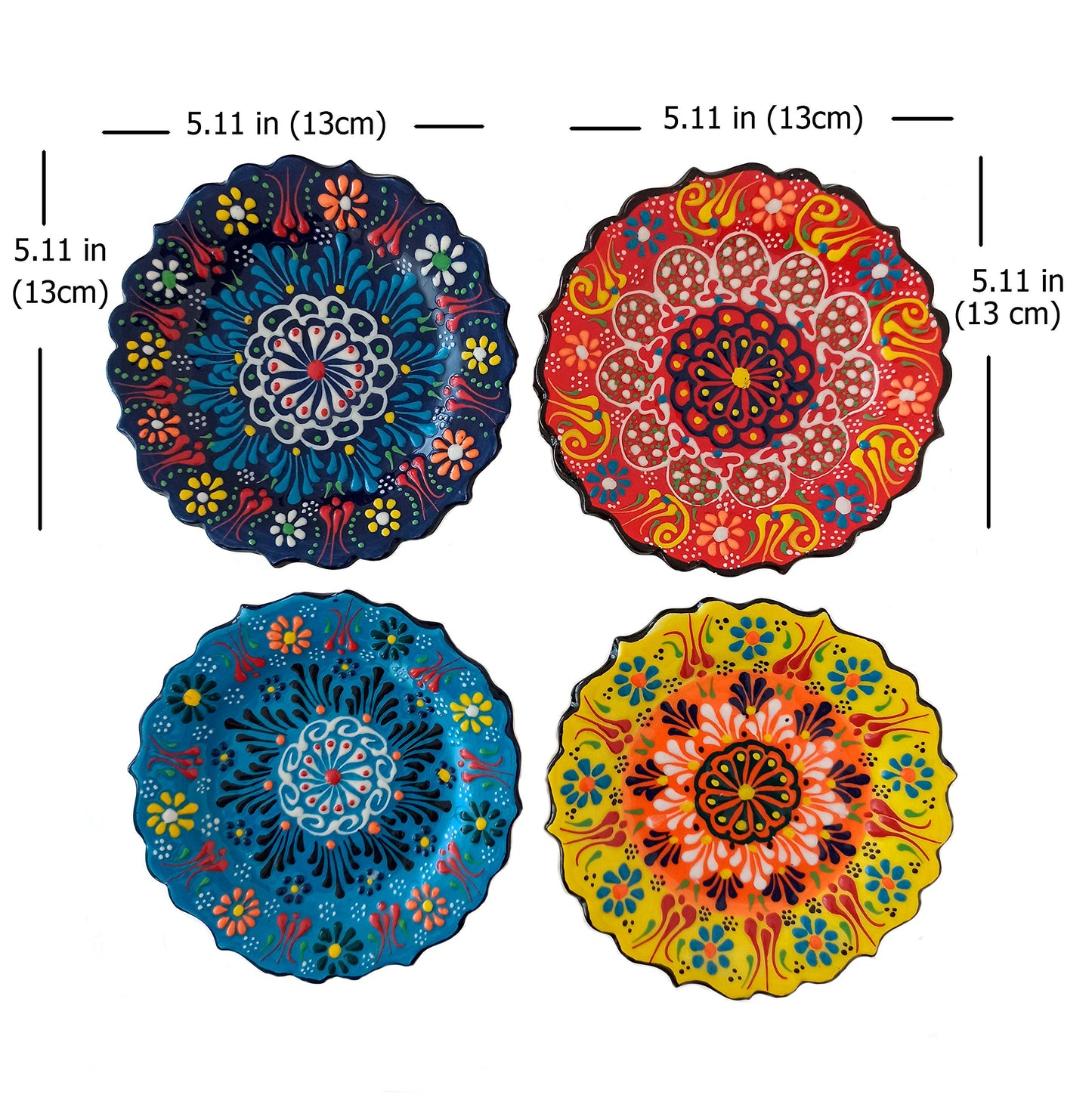 Ayennur 4-Piece 5-Inch Handmade Turkish Ceramic Plate Set – Wall & Table Decor & Jewelry/Ring Dish – Decorative Rings & Jewelry Tray Set