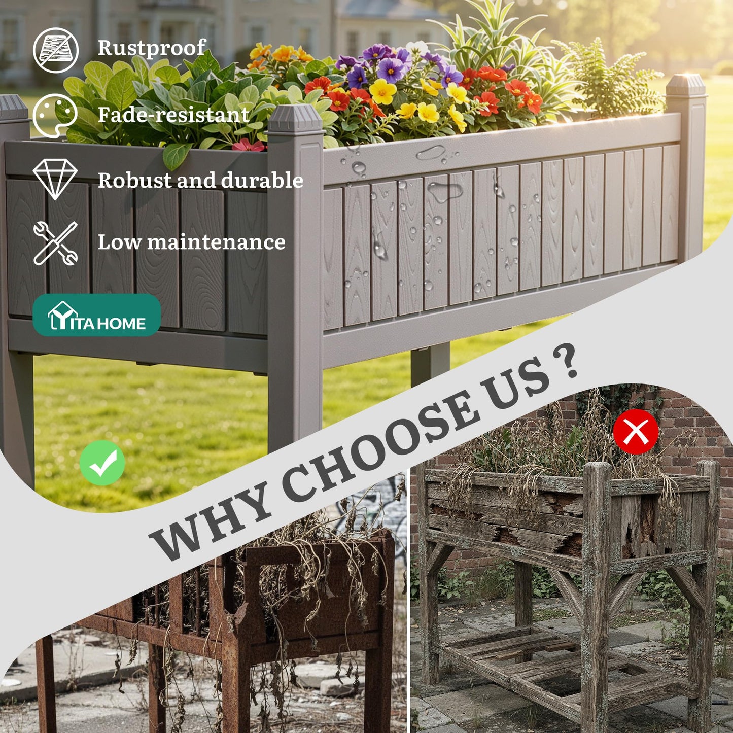 YITAHOME 42.5x17.3x35.4 in Raised Garden Bed, Outdoor Plastic Planter Box with Wheels, Legs, Drain Plug, and Storage Shelf for Plants, Vegetables, Flowers, Herbs, Brown