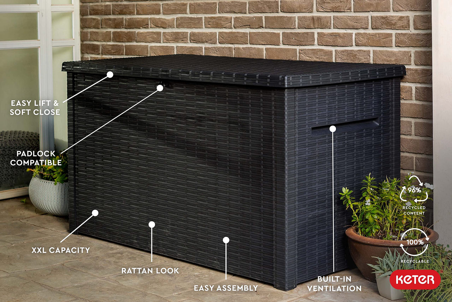 Keter Java XXL 230 Gallon Resin Rattan Look Large Outdoor Storage Deck Box for Patio Furniture Cushions, Pool Toys, and Garden Tools, Dark Grey