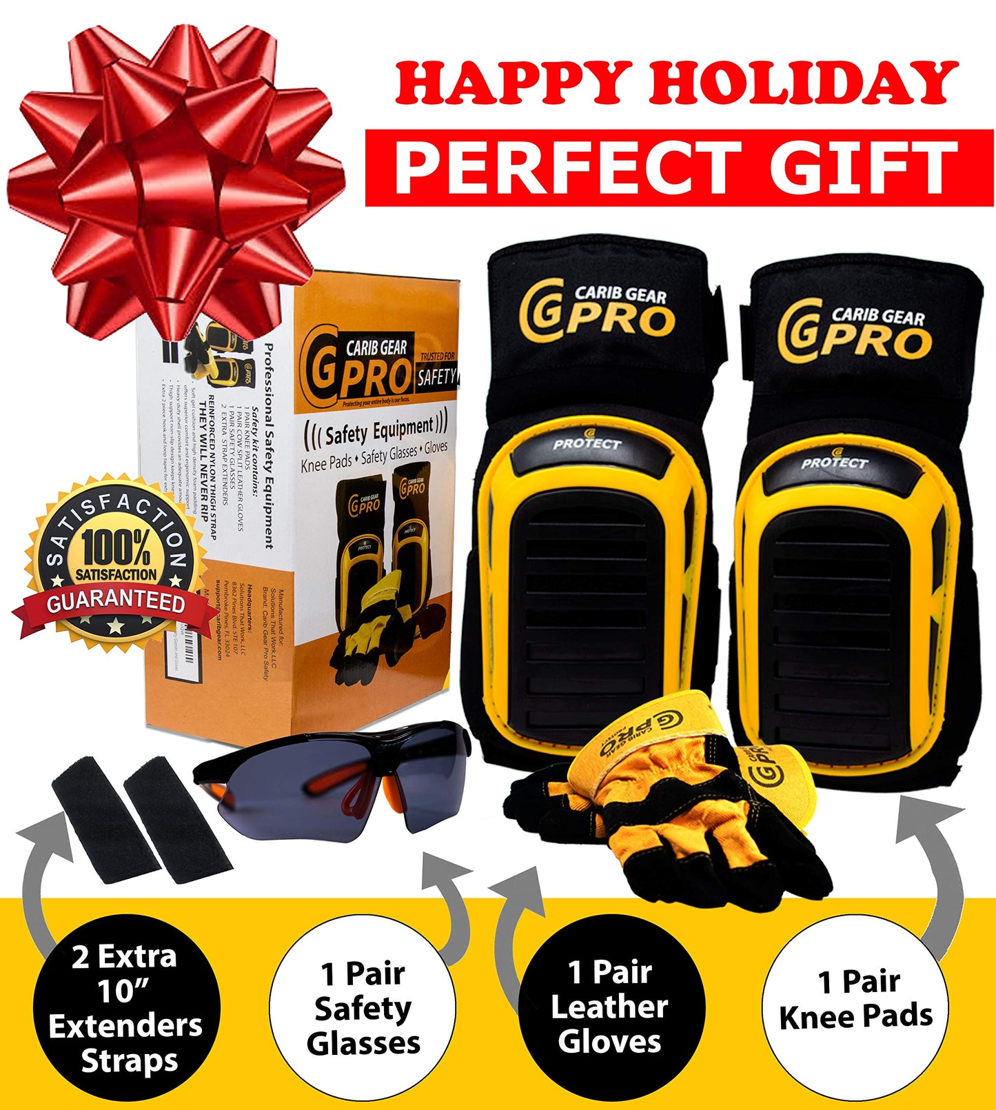 CARIB GEAR PRO USA Work Knee Pads for Men and Women Heavy Duty Double Gel Construction Knee Pads with Anti Slip Straps for Flooring Tiling Gardening Includes Leather Gloves and Safety Glasses
