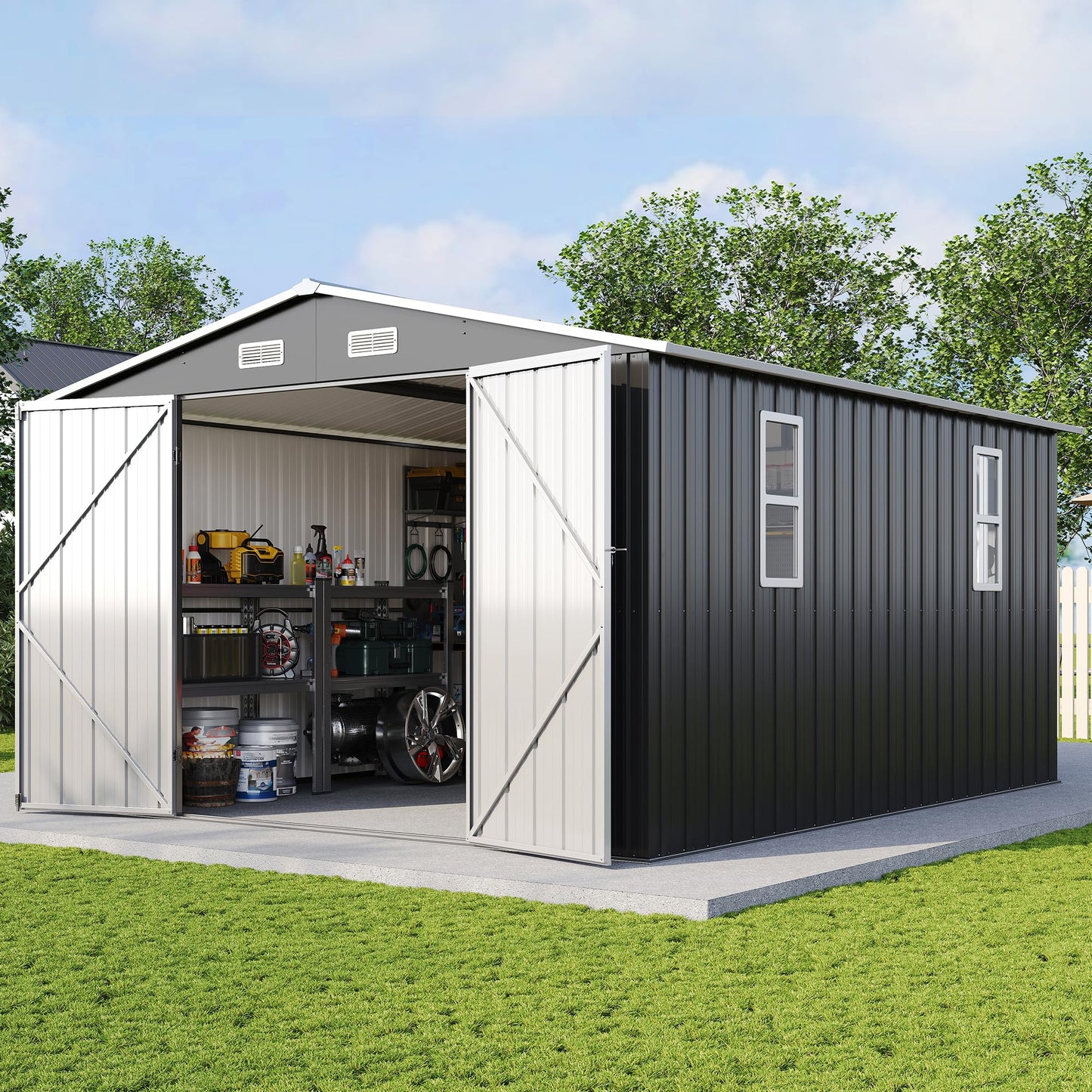 AMERLIFE 10x12x6.6 FT Metal Storage Shed, Outdoor Tool Shed with 2 DIY Windows, Hinged Double Doors and Vents, Reinforced Steel Frame for Backyard, Garden, DIY Workshop, Dark Grey
