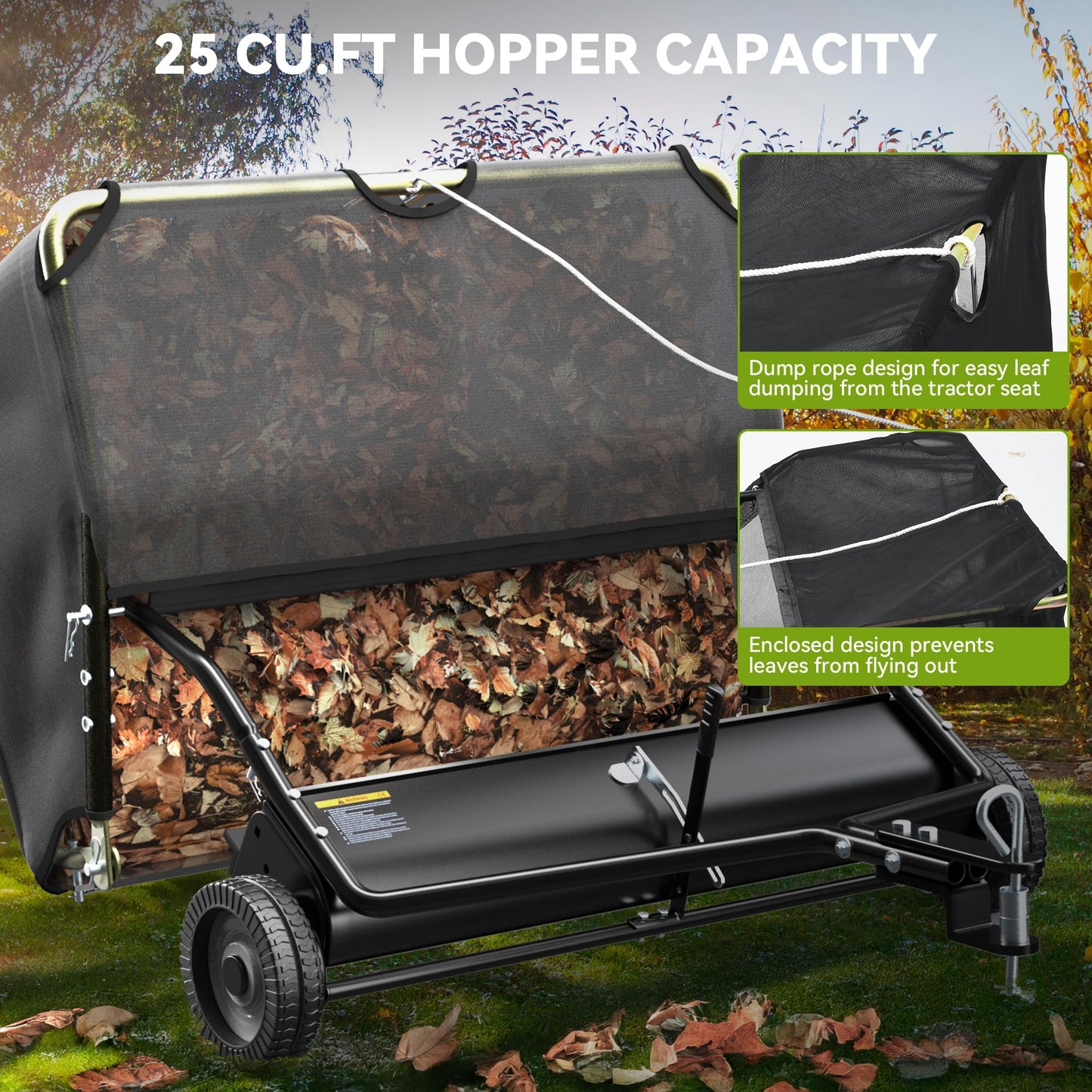 AUTOSAVER88 48" Tow Behind Lawn Sweeper, 25 cu. ft Capacity Pull Behind Lawn Sweeper, Leaf & Grass Collector with Adjustable Brush Height and Dumping Rope Design for Yard Lawn
