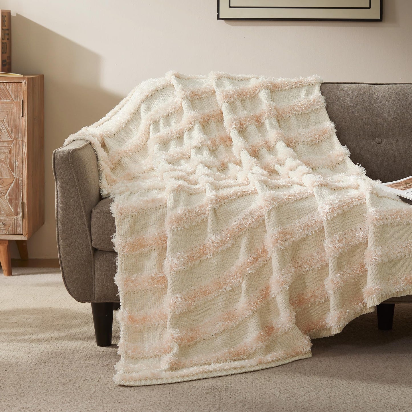 SLEEP ZONE Chenille Throw Blanket for Couch, Soft Farmhouse Blankets for Sofa Chair Bed Home Decoration Cozy Knit Blankets 60"x80", White