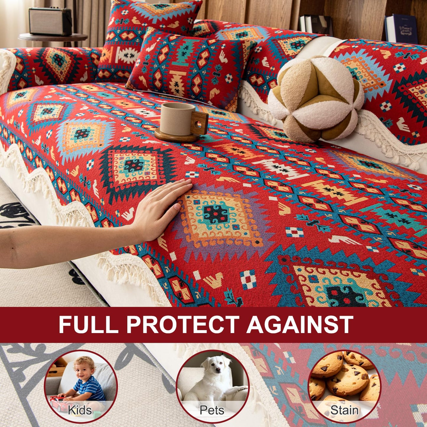 VOGOL Ethnic Sofa Throw Pad, 27x27 Inch Scalloped Furniture Protector with Tassels, Non Slip Chenille Armrest Backrest Cover for Leather Sofa, 1 Piece