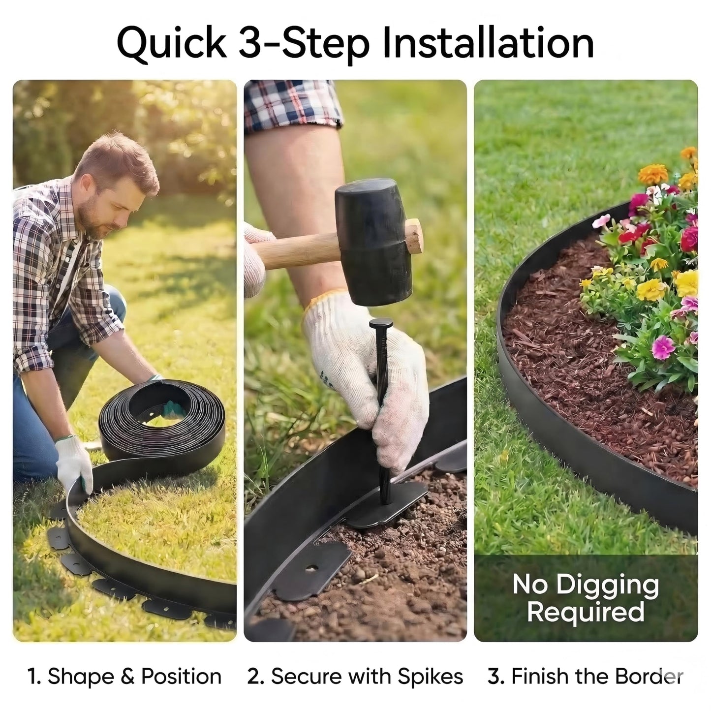 BABL LIFE Landscape Edging Kit, 40 FT x 2 Inch, No Dig Garden Edging Border, Flexible Black Lawn Edging with 80 Spiral Spikes and 2 Connectors for Flower Beds, Paths, Yard