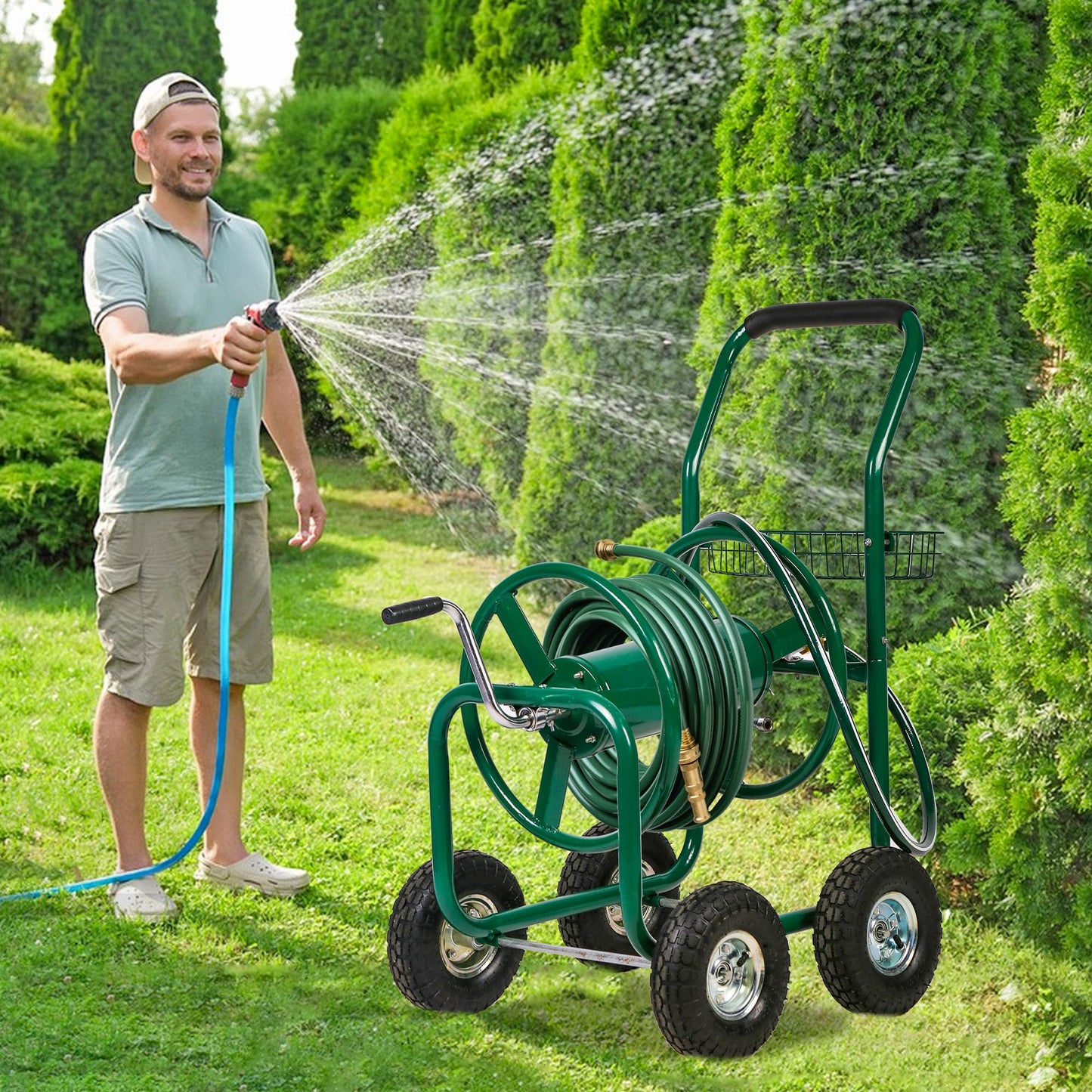 FDW Garden Hose Reel Cart, Water Hose Cart with 4 Wheels, Hold Up to 300 ft of 5/8’’ Hose，Heavy Duty Powder-Coated Steel Planting with Storage Basket, for Garden, Yard and Lawn