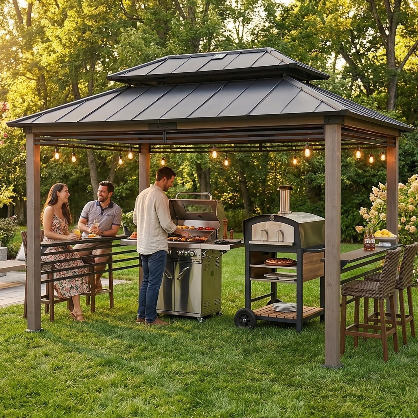 Sunjoy Wooden Grill Gazebo with Solar Power, 8 x 12 ft. Hardtop Gazebo for Year-Round Grilling, Outdoor Cedar Frame Cooking Shelter with Decorative Fence for Backyard BBQs Party, Black