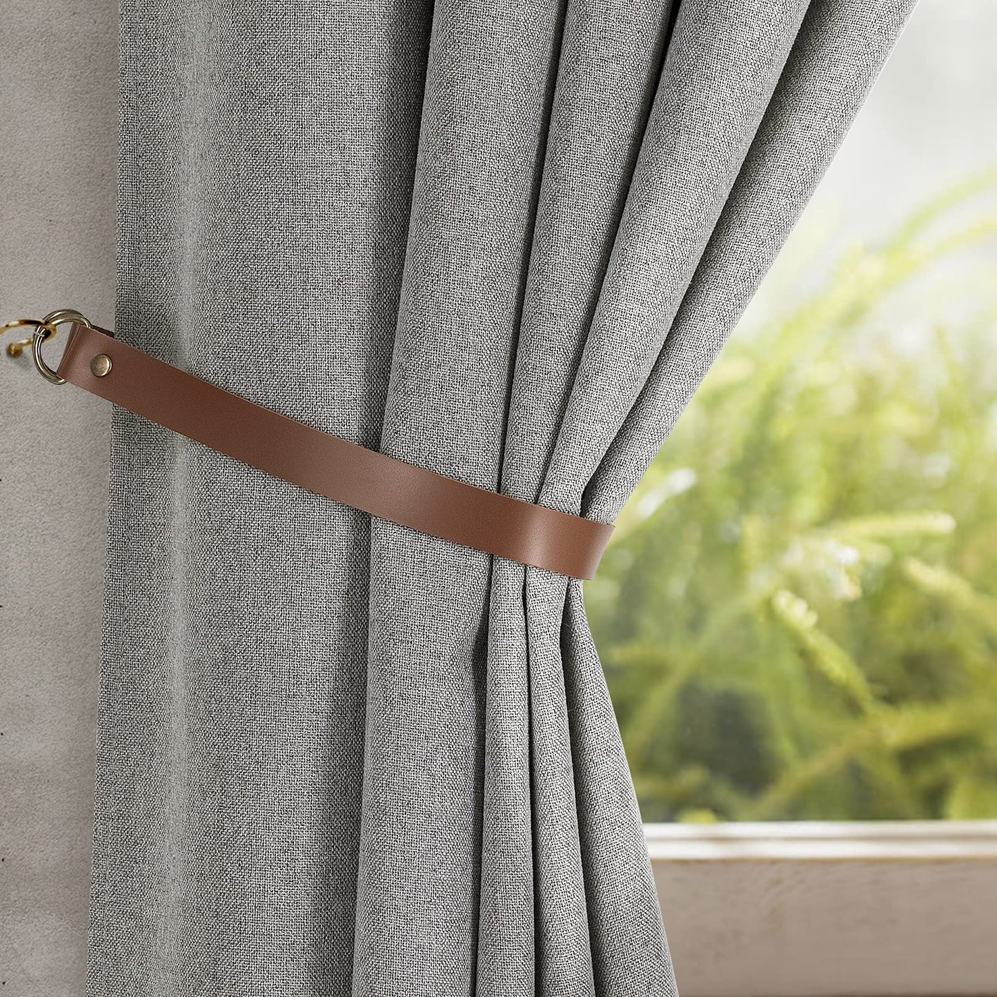Home Queen Leather Curtain Tie Backs Attach to Wall, Outdoor Drape Holder Holdbacks Tiebacks with Hooks, Set of 2, Chocolate