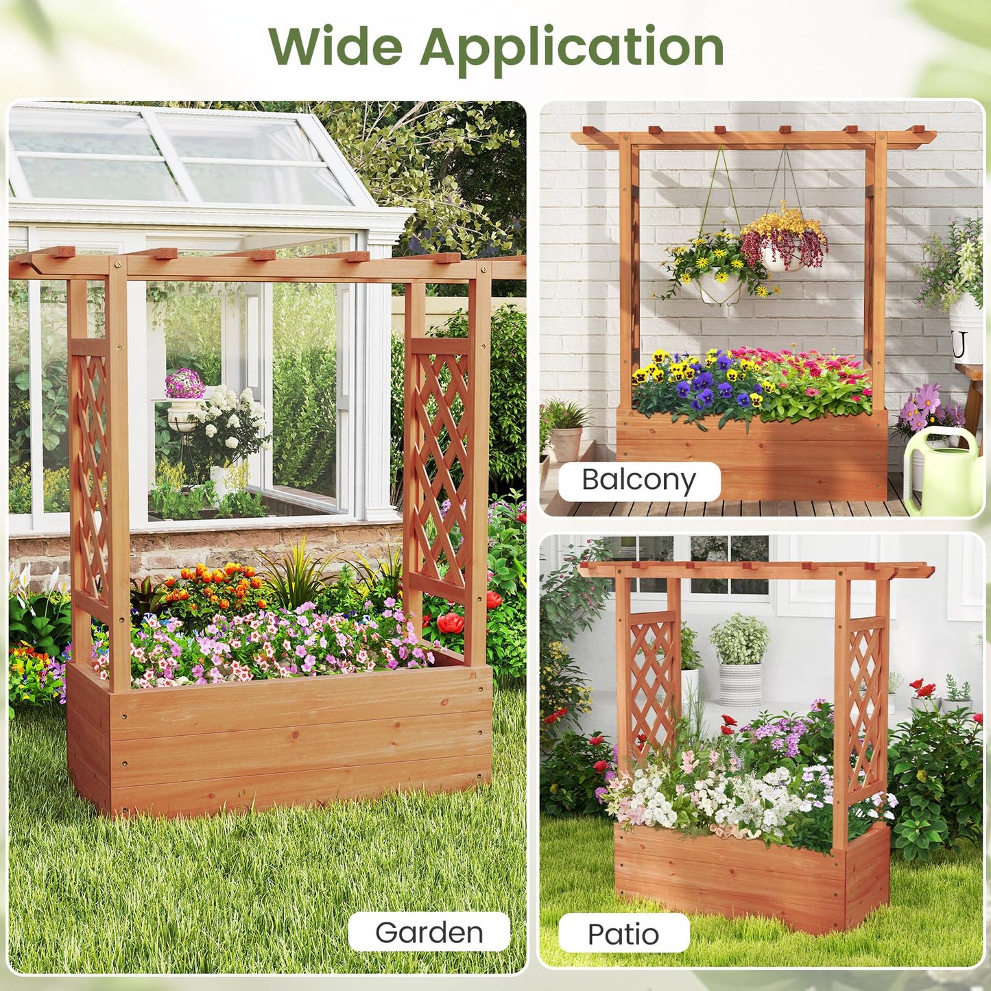 Giantex Raised Garden Bed with 2-Sided Trellis & Hanging Roof, Fir Wood Planter Box w/Drainage Holes, Freestanding Garden Planter for Flowers Herbs Climbing Vines (43"x15"x45")