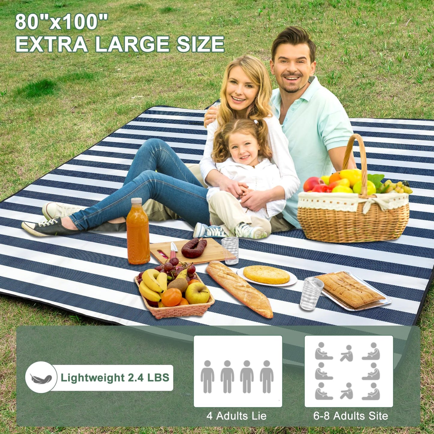 ZUBOND Picnic Blanket 80''x100'', Waterproof Sandproof Beach Outdoor Camping Mat Extra Large Foldable Gingham Big Travel Essential Accessories Gift Park Patio Lawn Garden Grass Ground Music Festival