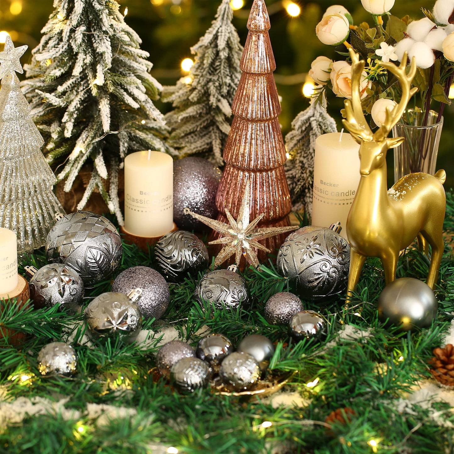 34ct Grey Christmas Ball Ornaments Shatterproof Plastic Christmas Tree Decorations for Xmas Party Home Office Holiday Decor -Medium Size (2.36"/ 60mm)