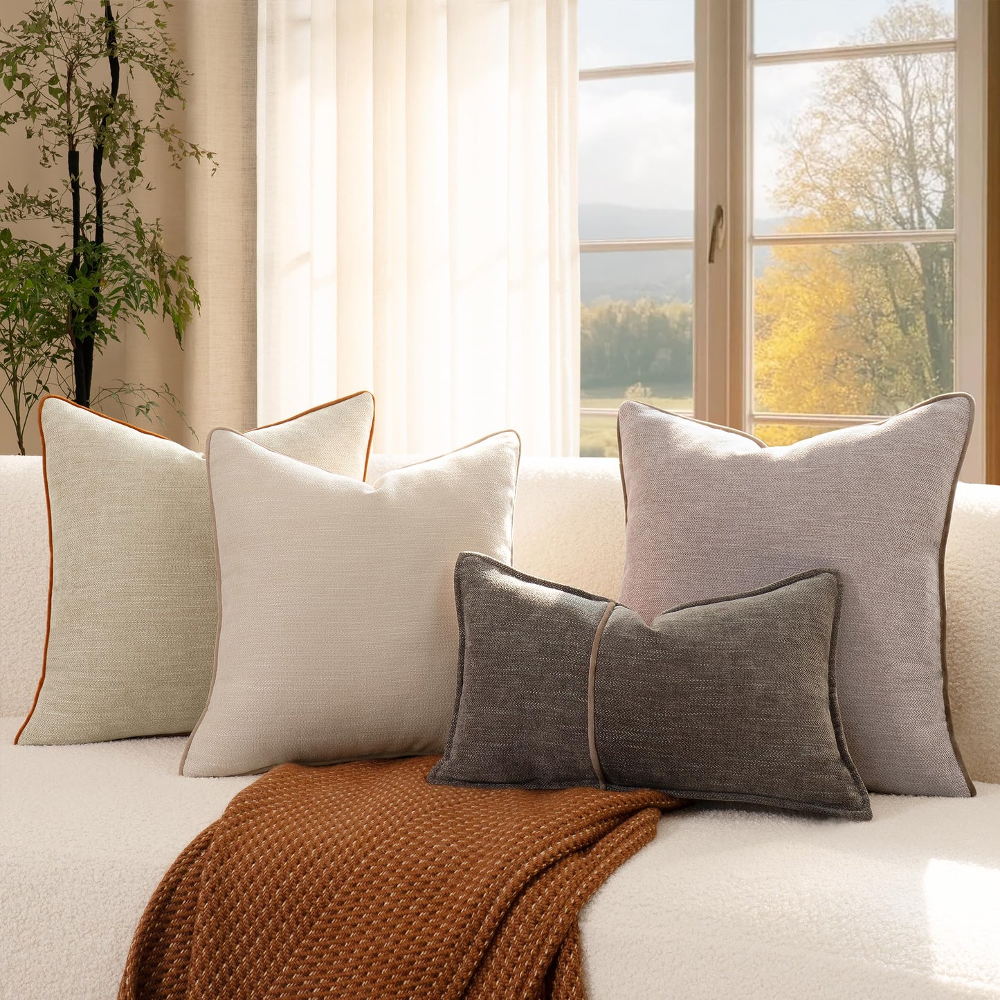 MATTINS Apricot Yellow Cotton Throw Pillow Covers 18x18 Set of 2, Solid Decorative Pillow Covers with Soft Chenille Texture and Velvet Back, Neutral Farmhouse Cushion Covers for Couch Sofa Bedroom