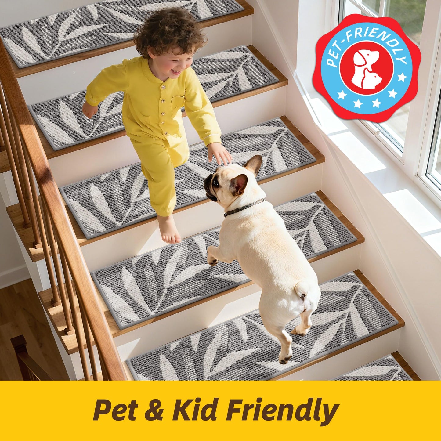 JSEI Stair Treads for Wooden Steps with 3D Leaf Pattern, 14 Pack 9" X 28" Carpet Stair Treads Non-Slip Indoor with TPE Backing, Machine Washable Stair Runners for Kids Elders and Pets, Grey
