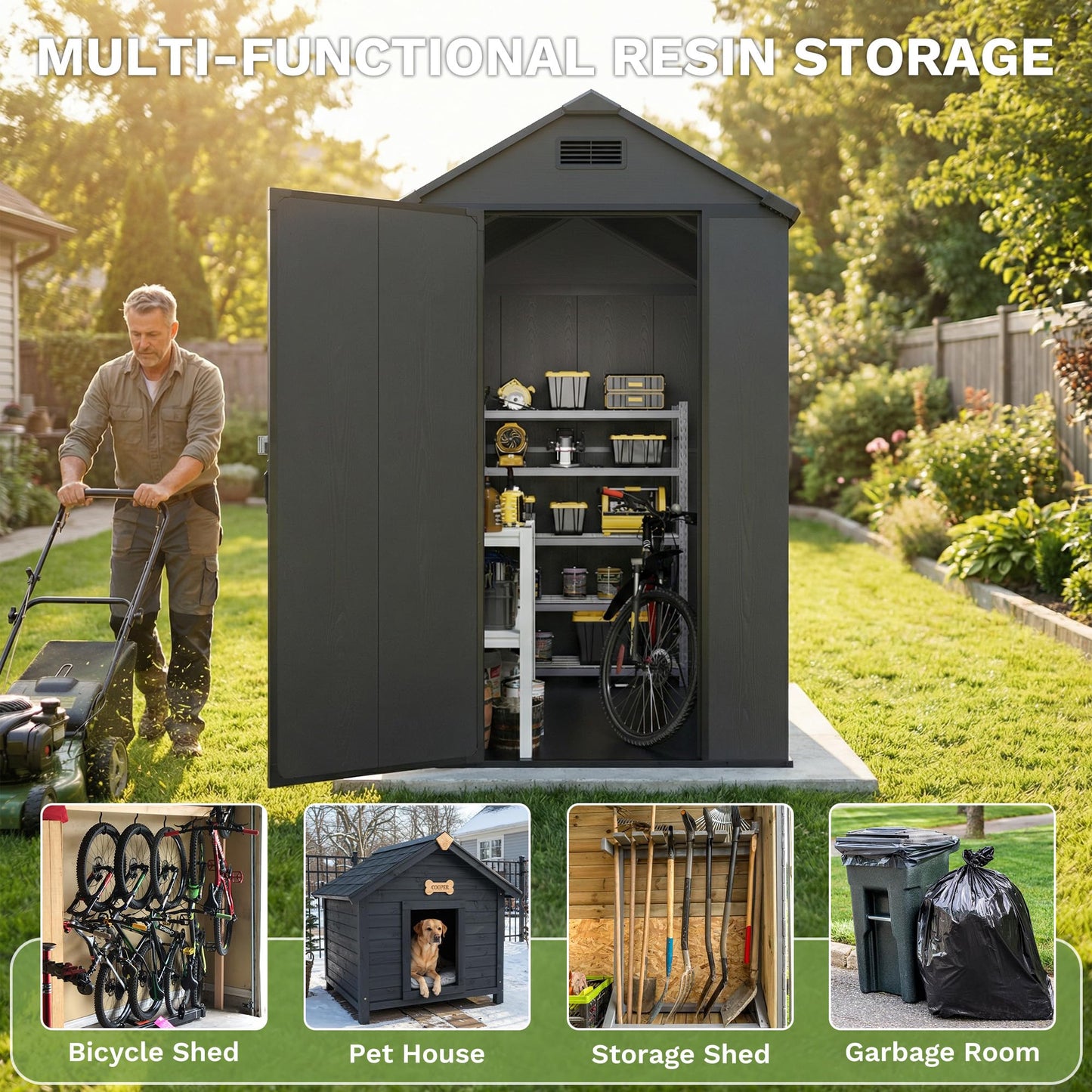 Greesum 4x6FT Plastic Shed with Floor, Outdoor Storage Shed with Vent and Locable Door, Waterproof Plastic Tool Storage Without Window, for Garden, Garage, Lawn, Deep Gray