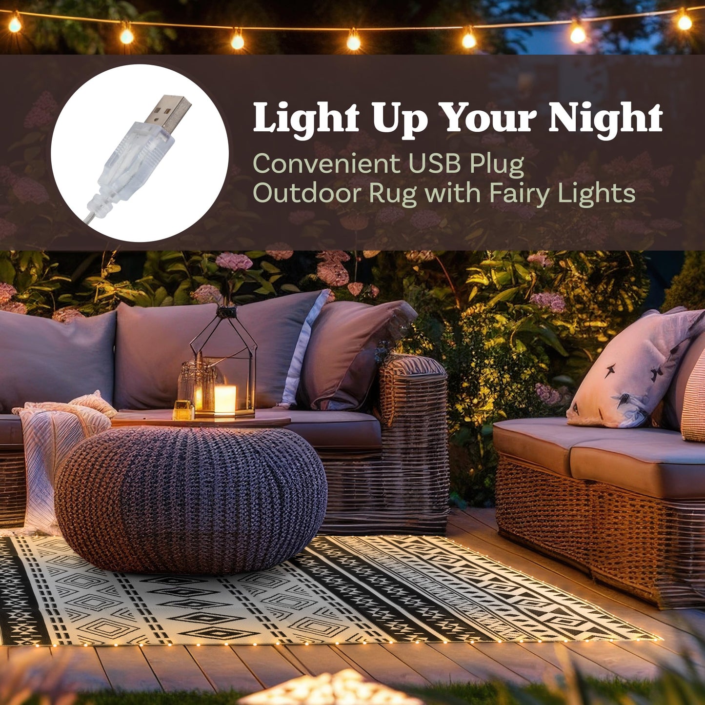 Pure Garden Outdoor Patio Rug with LED Lights - 8x10 Outdoor Rug - Plastic Straw Patio Mat Outdoor Waterproof Carpet - RV or Porch Decor (Gray)