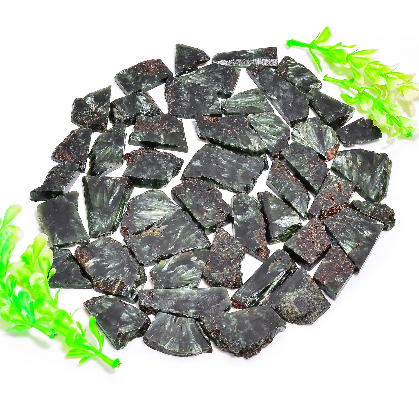 Natural Seraphinite Raw Slice Gemstone- Healing Crystals for DIY Jewelry Making -Loose Natural Cabochon -Perfect for Crafting Unique Jewelry Designs (5 pcs, 25-35 mm)