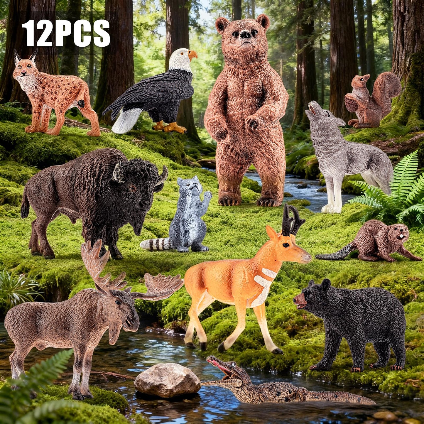 THINKBAY 12PCS Large North American Animal Figurines, Realistic Safari Woodland Jungle Animals Figures Toys Includes Crocodile,Wolf,Bear,Deer, Birthday Gift Party Favors Valentine's Day Gifts for Kids